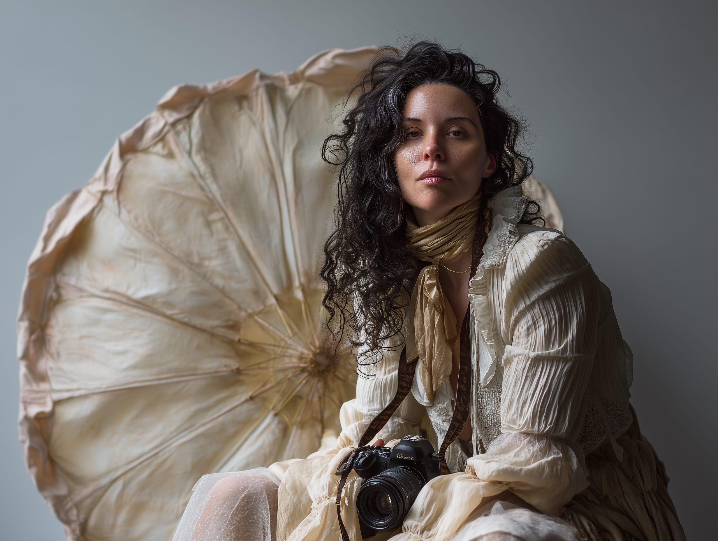 A woman with dark, curly hair wearing a beige fashion blouse, holding a camera, and sitting in front of a beige parasol.