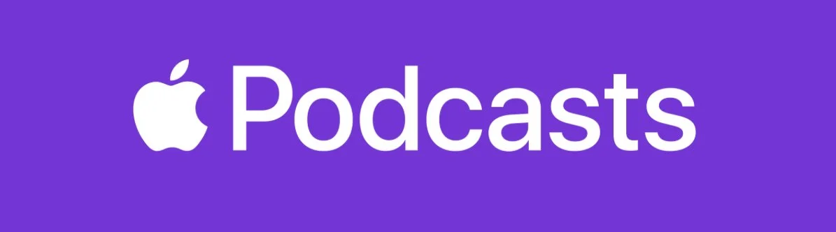 Apple Podcasts app logo with white text on a purple background