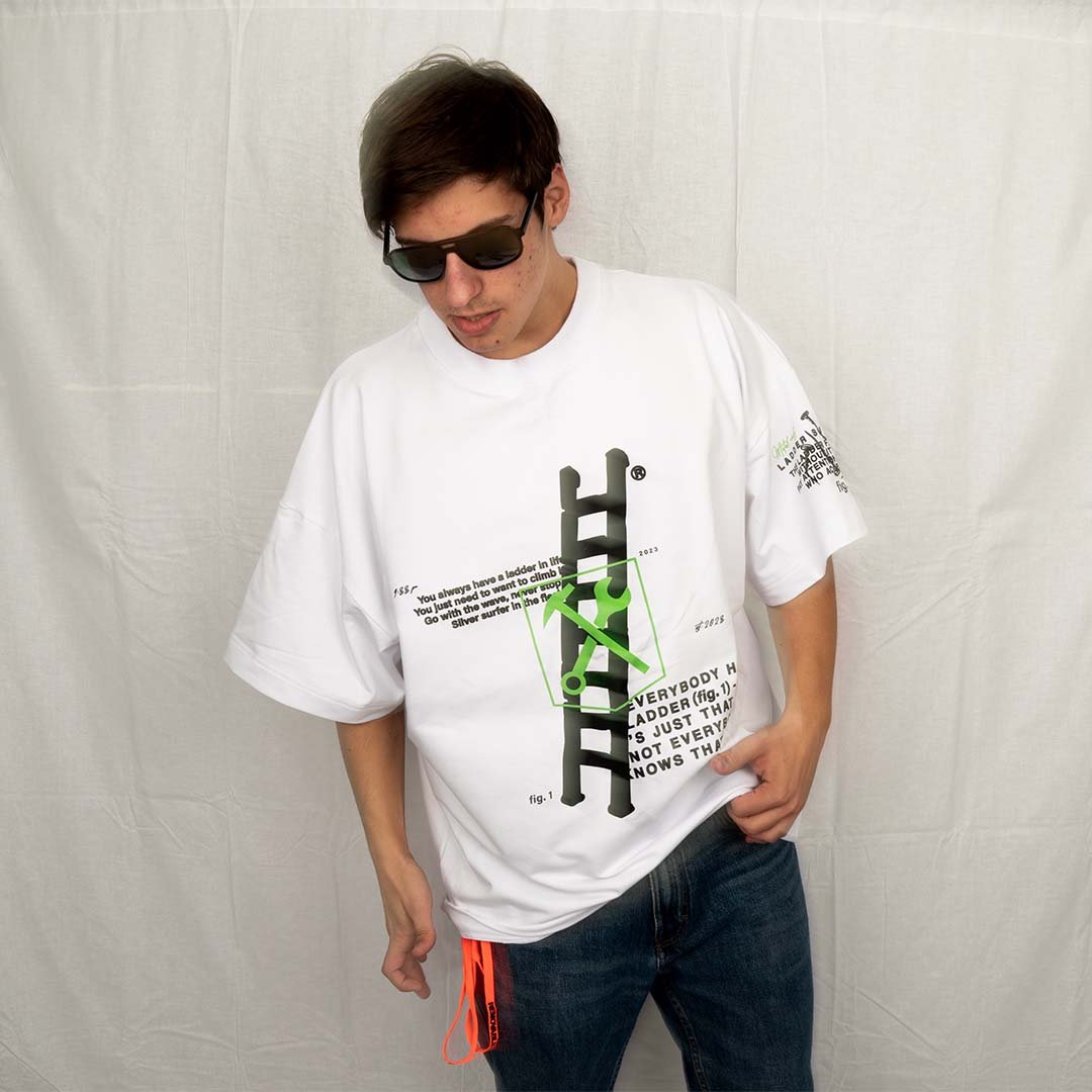 White printed oversized t-shirt, made from cotton and elastane. Premium quality streetwear. From the clothing brand, Serban.