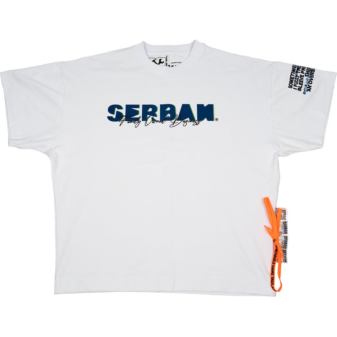White printed oversized t-shirt, made from cotton and elastane. Premium quality streetwear. From the clothing brand, Serban.