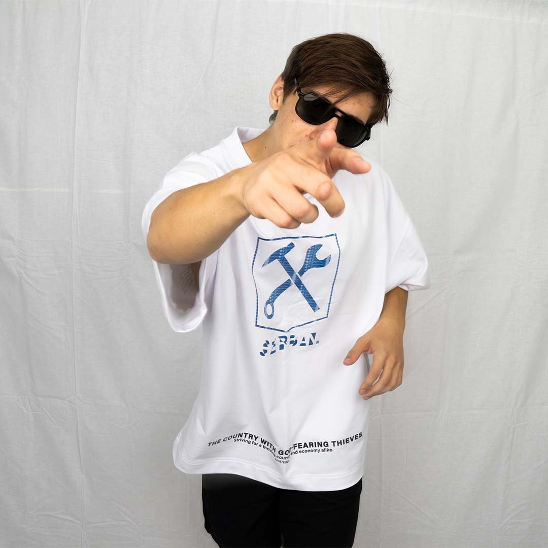 White printed oversized t-shirt, made from cotton and elastane. Premium quality streetwear. From the clothing brand, Serban.