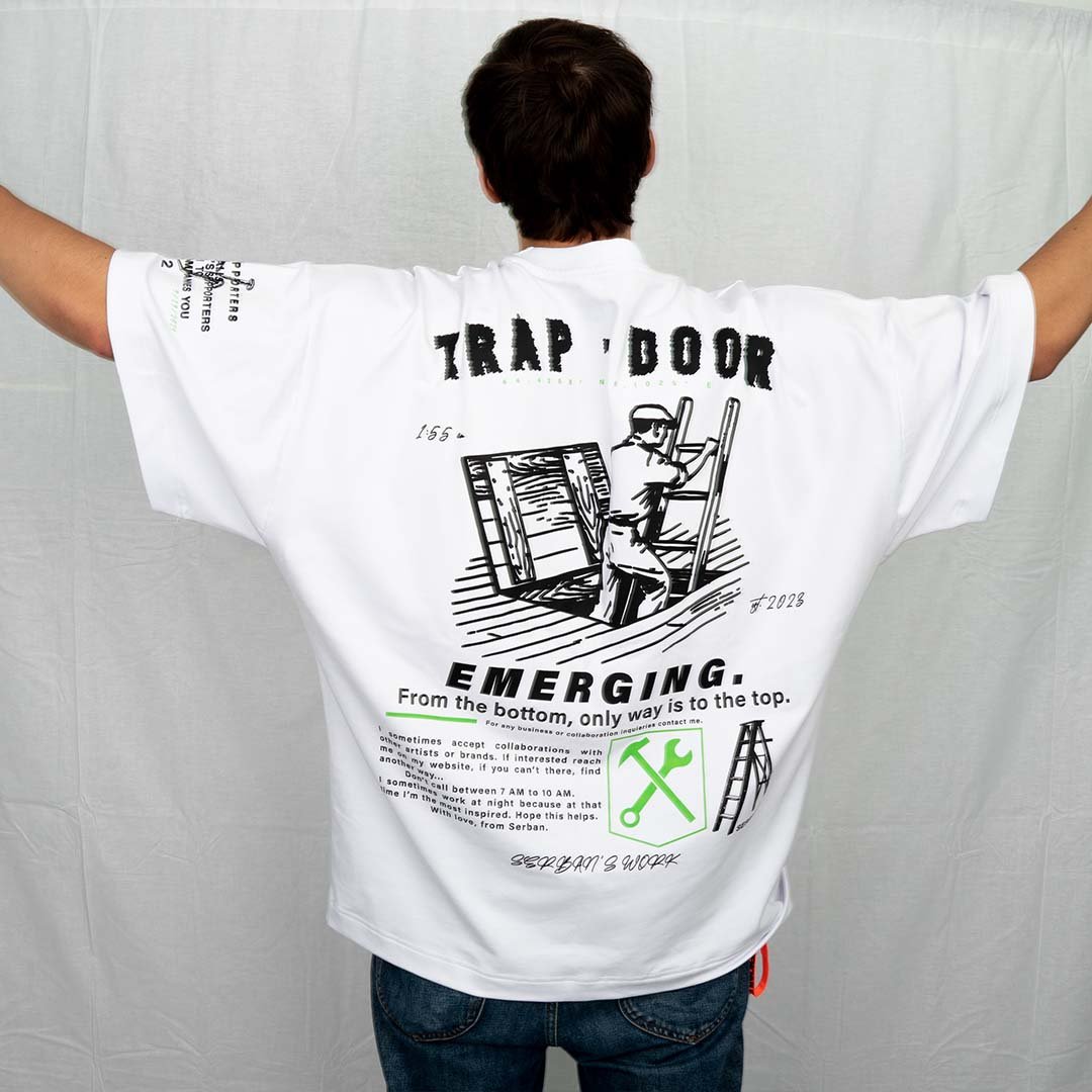 White printed oversized t-shirt, made from cotton and elastane. Premium quality streetwear. From the clothing brand, Serban.