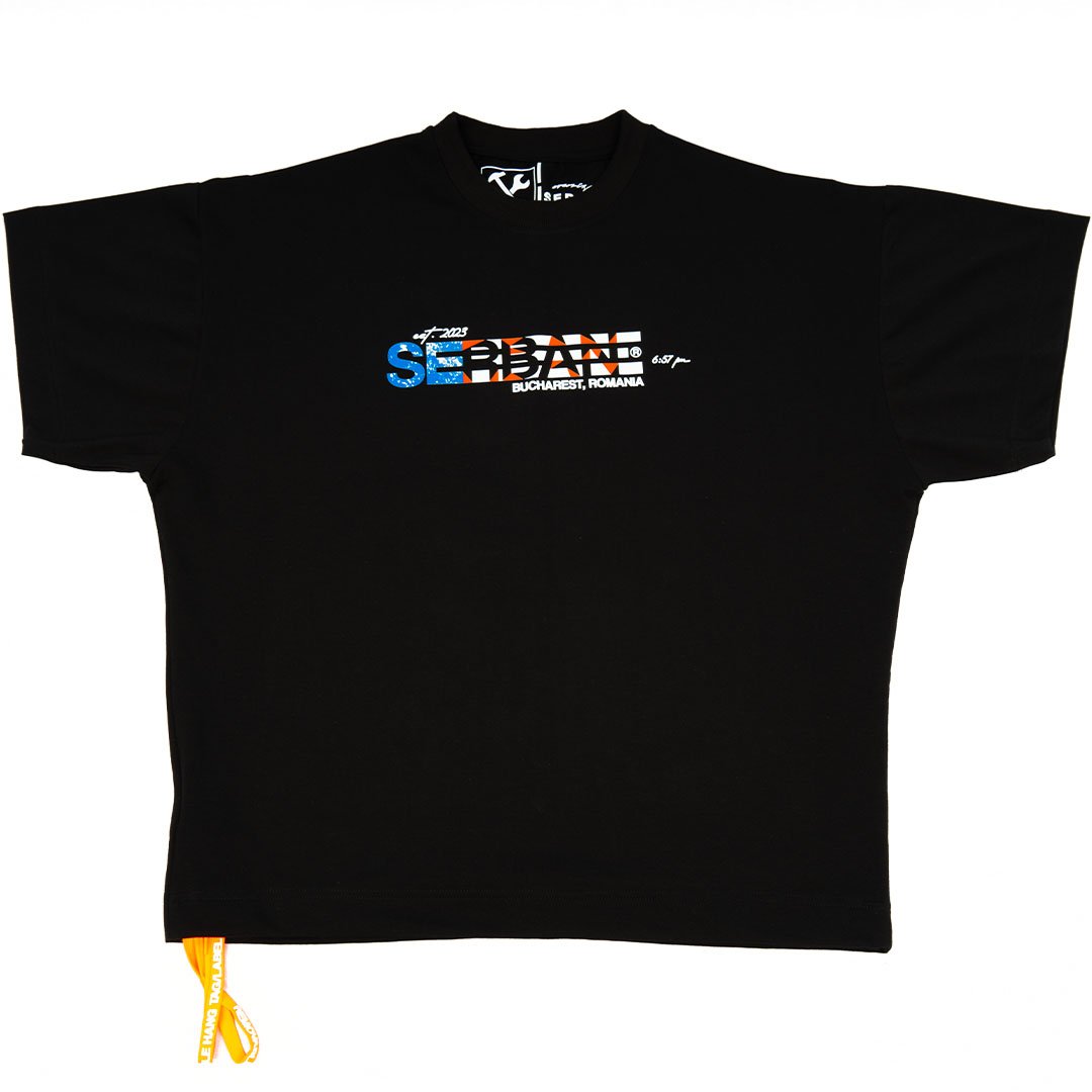 Black printed oversized t-shirt, made from cotton and elastane. Premium quality streetwear. From the clothing brand Serban.