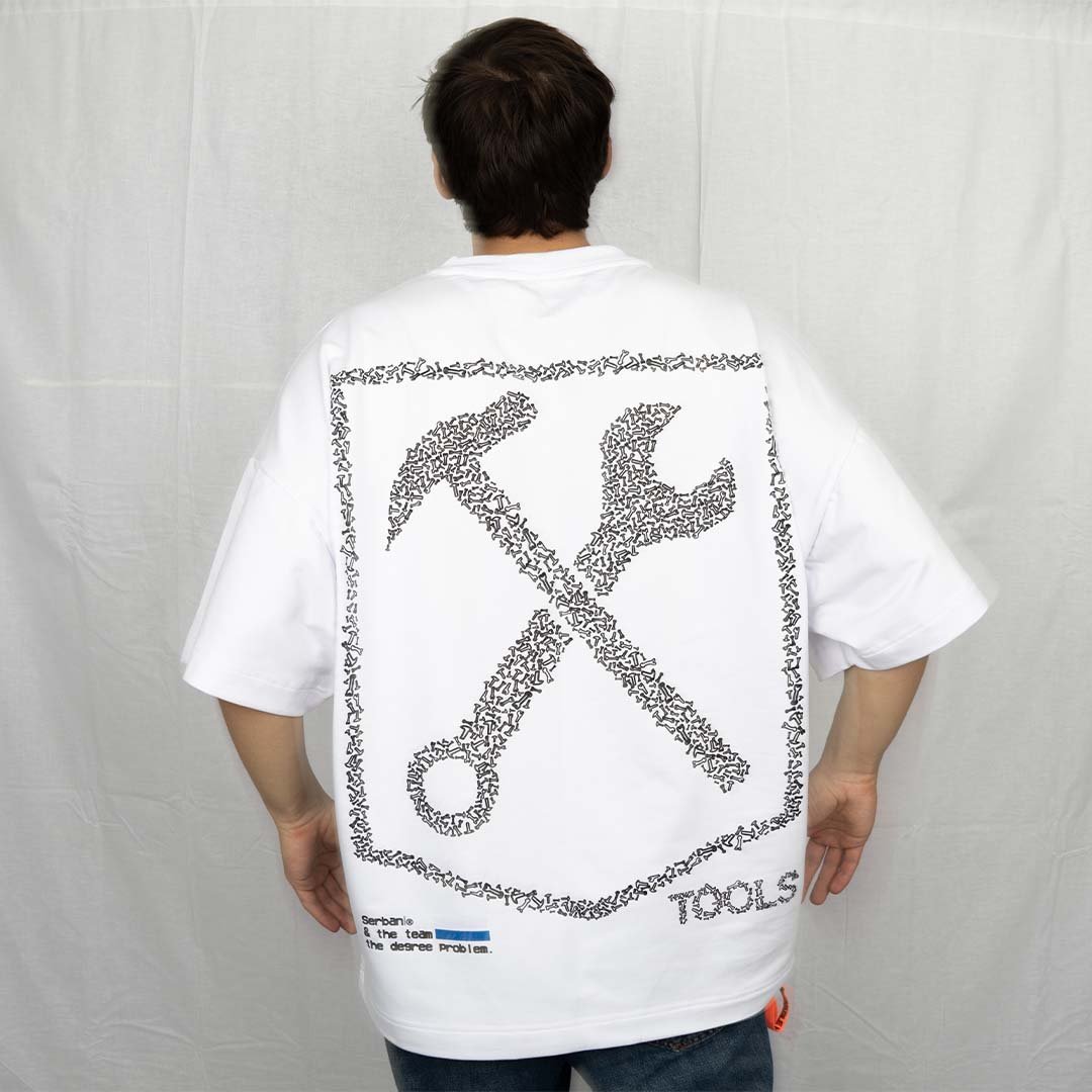 White printed oversized t-shirt, made from cotton and elastane. Premium quality streetwear. From the clothing brand, Serban.