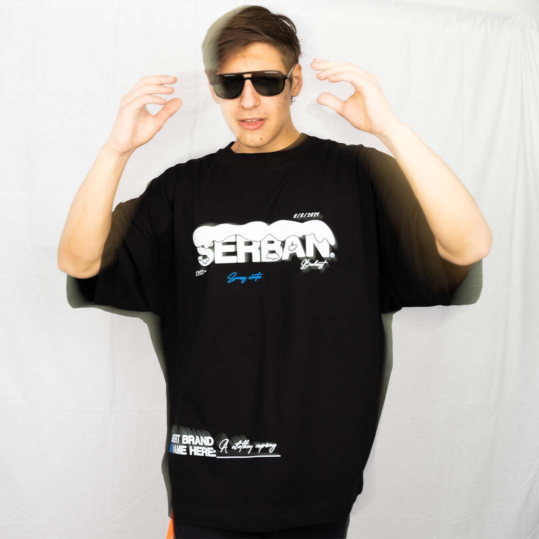 Black printed oversized t-shirt, made from cotton and elastane. Premium quality. From the clothing brand, Serban.