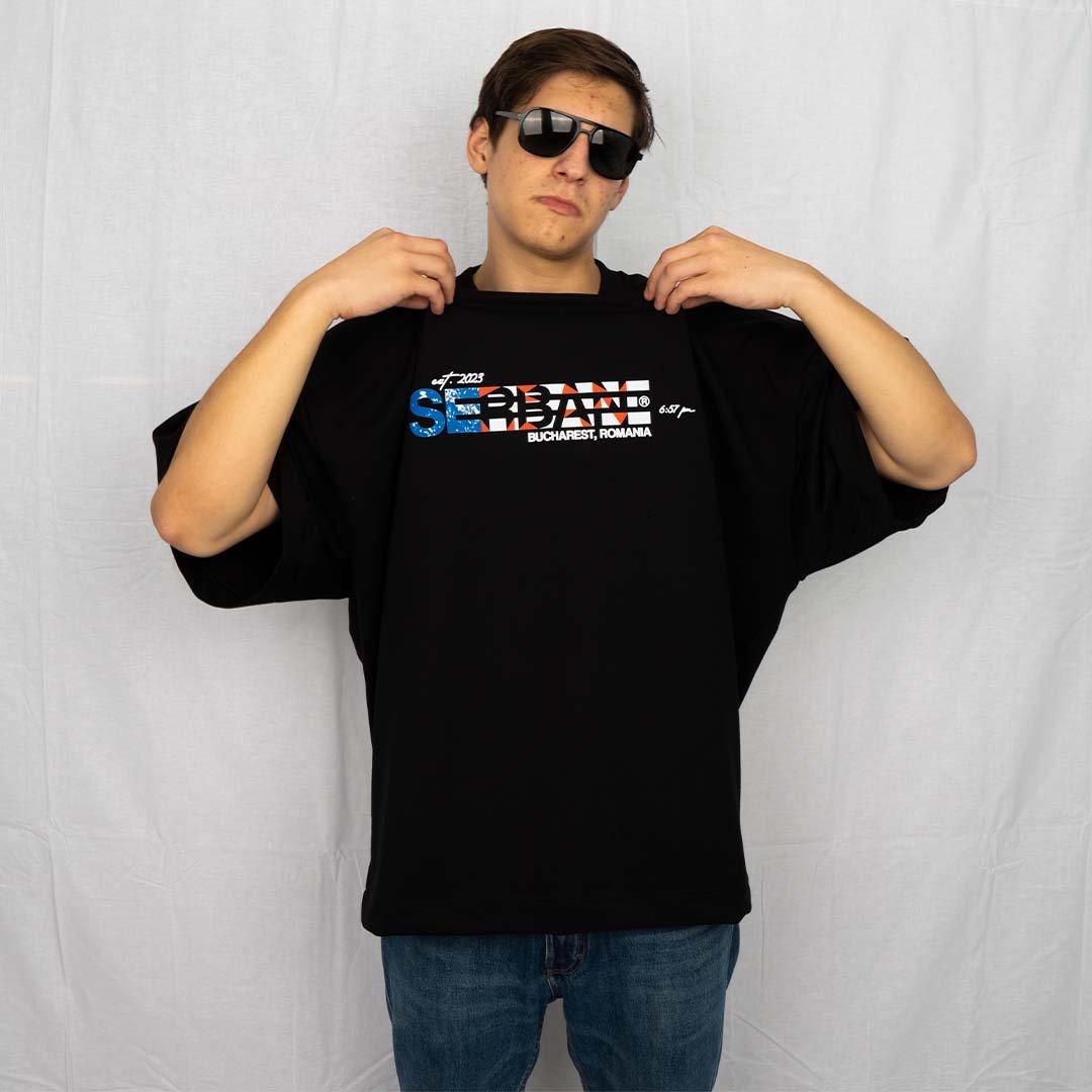 Black printed oversized t-shirt, made from cotton and elastane. Premium quality streetwear. From the clothing brand Serban.