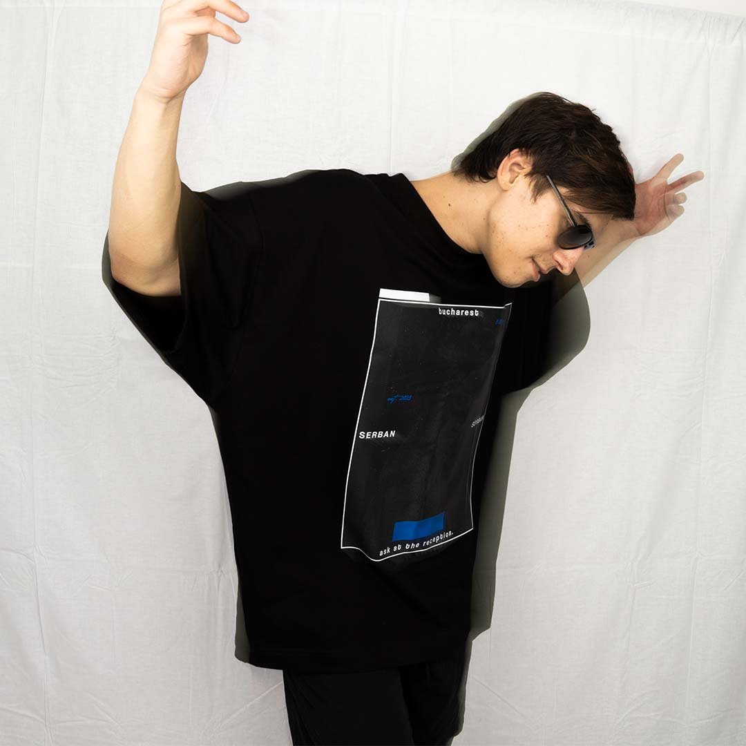 Black printed oversized t-shirt, made from cotton and elastane. Premium quality streetwear. From the clothing brand, Serban.