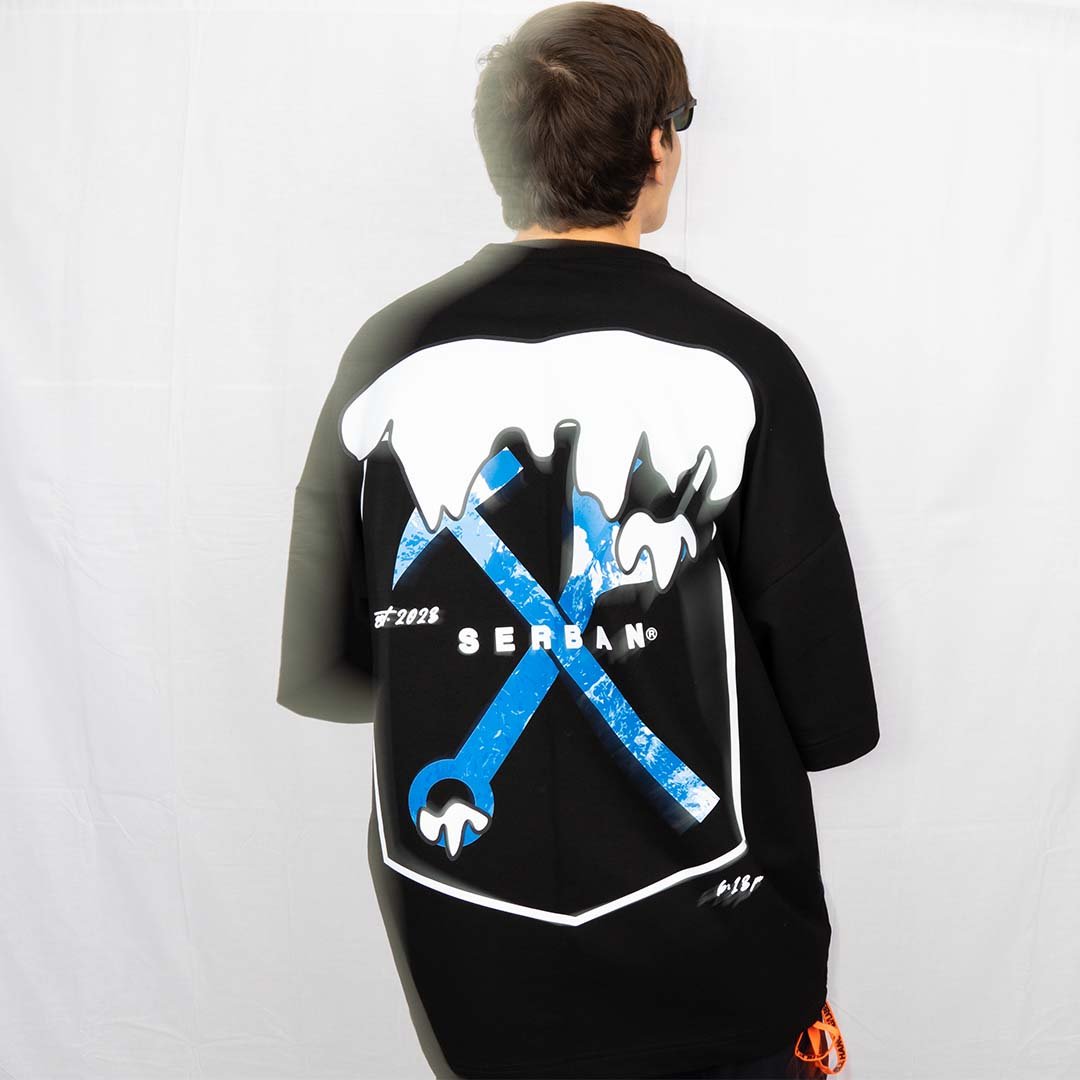 Black printed oversized t-shirt, made from cotton and elastane. Premium quality. From the clothing brand, Serban.