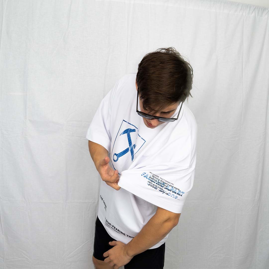 White printed oversized t-shirt, made from cotton and elastane. Premium quality streetwear. From the clothing brand, Serban.