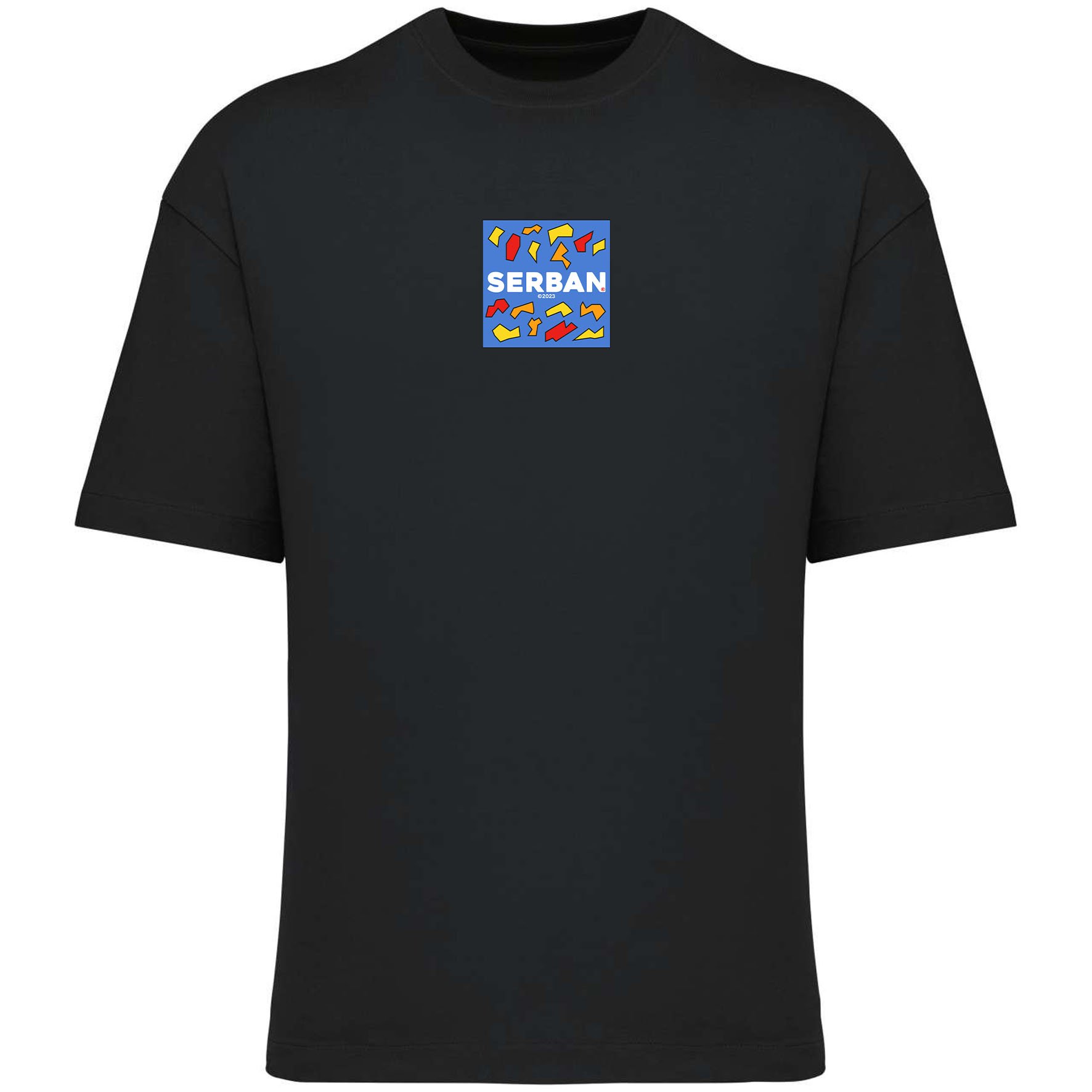 Black t-shirt from Serban, perfect for streetwear or casual wear with an abstract, modern graphic