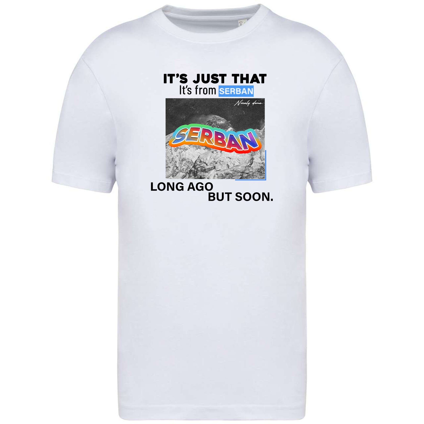 A simple, oversized, white Serban t-shirt with a colorful, bold, modern, abstract graphic. Perfect for streetwear or casual wear
