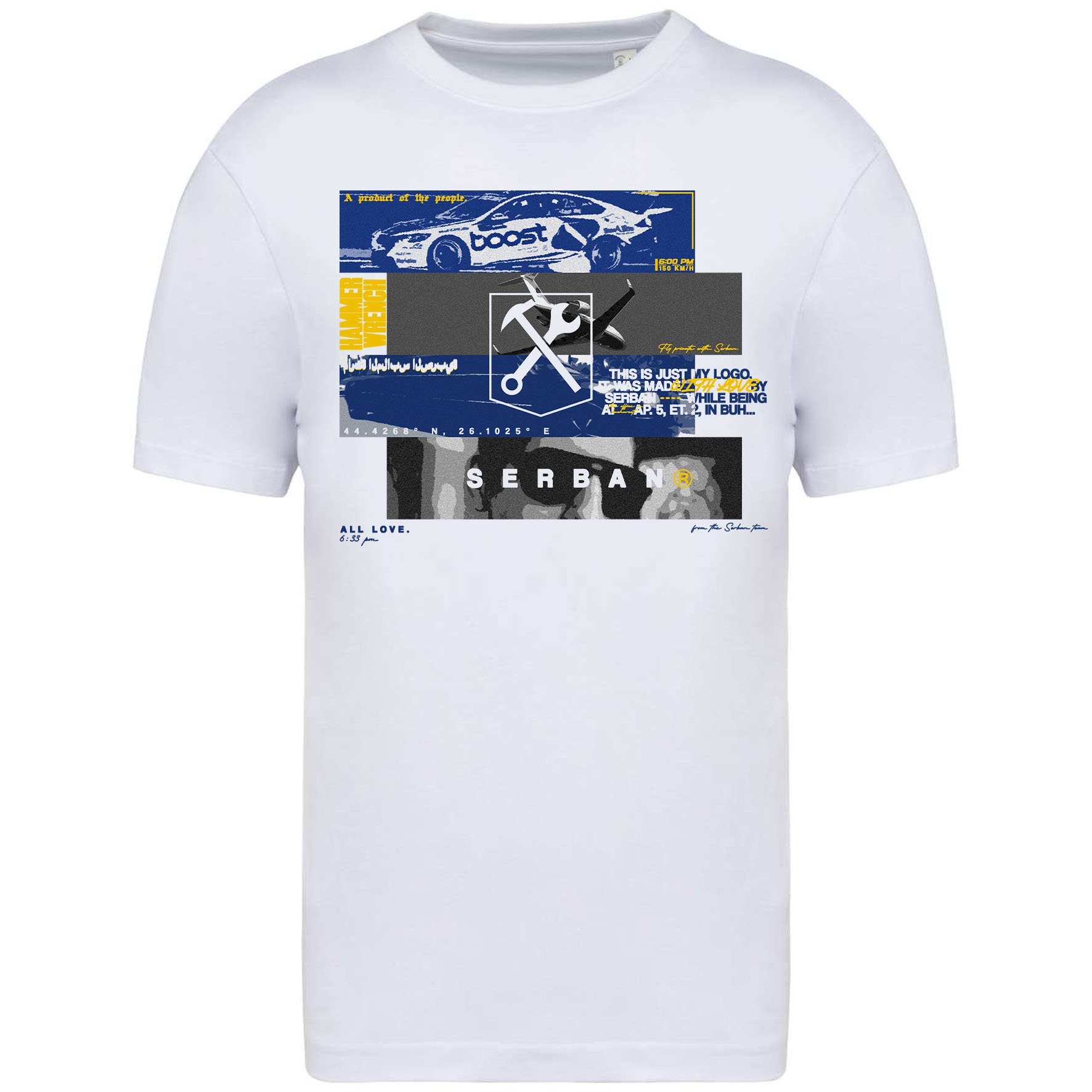 Modern, abstract, white, oversized Serban t-shirt made out of 100% cotton, perfect for casual wear or streetwear. It features a bold, colorful, modern graphic