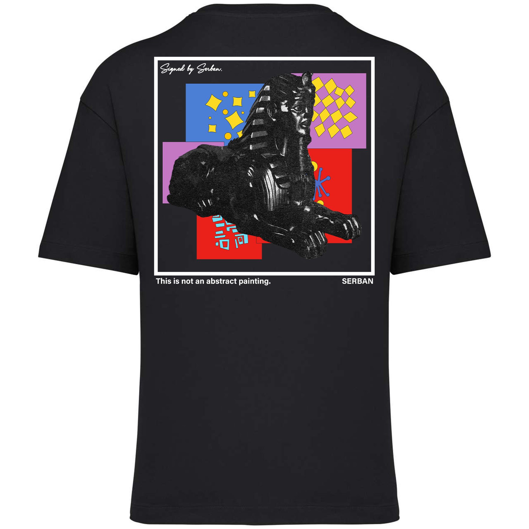 Oversized, casual wear, streetwear black t-shirt from Serban with a colorful, abstract, modern graphic