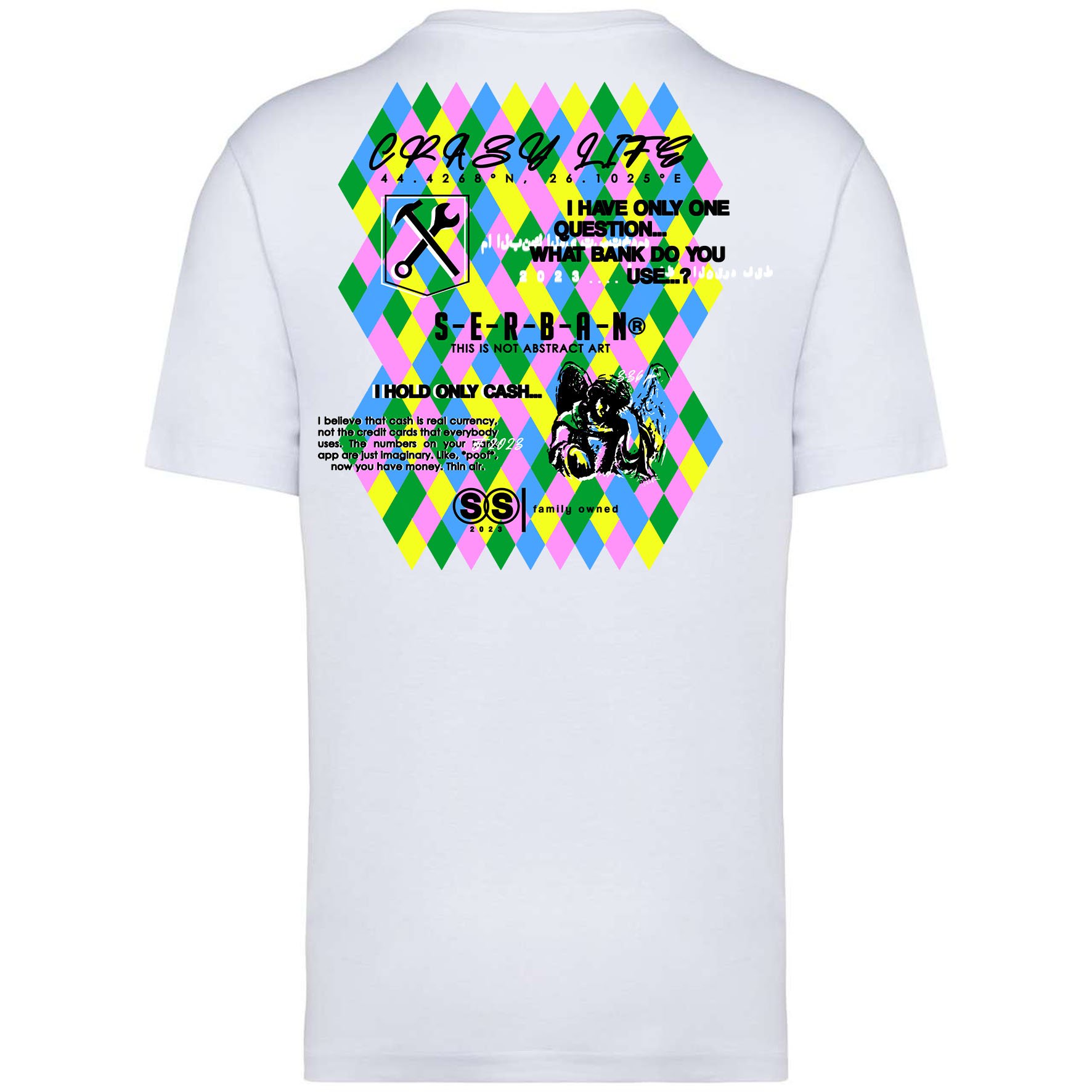 Futuristic geometric print black oversized T-shirt by Serban, 100% cotton, premium streetwear style.