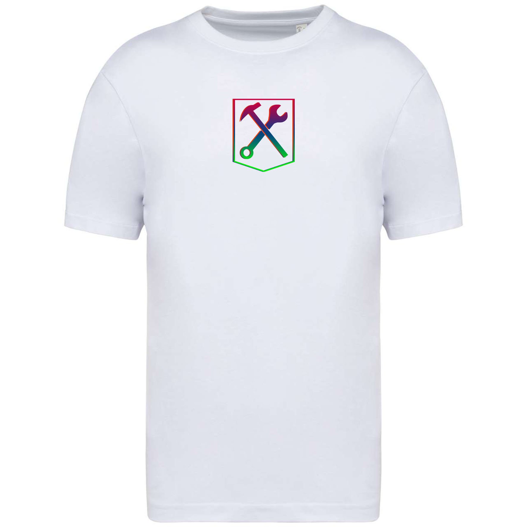 White, oversized t-shirt made out of 100% cotton with a colorful print, modern, abstract, manifesto design. Perfect for everyday wear