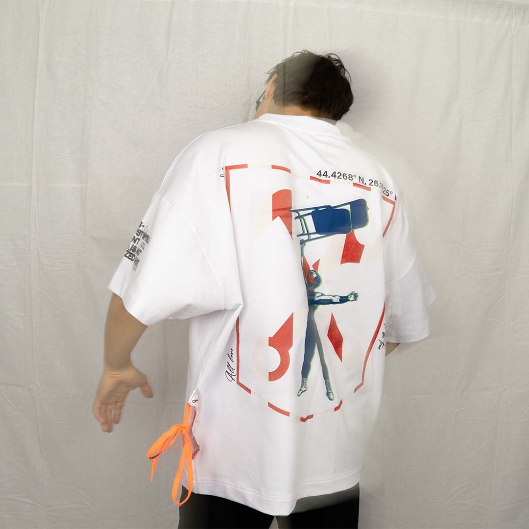 White printed oversized t-shirt, made from cotton and elastane. Premium quality streetwear. From the clothing brand, Serban.