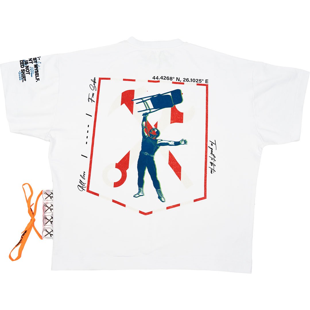 White printed oversized t-shirt, made from cotton and elastane. Premium quality streetwear. From the clothing brand, Serban.