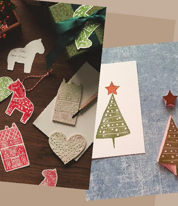 Weihnachtsmotive mit Linoldruck-Stempel (Kinder)
