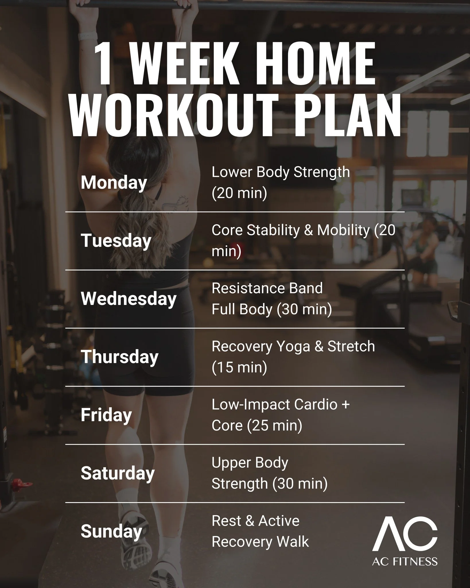 Consistency is the foundation of strength.
This simple one-week home workout plan is designed to help you move safely, build stability, and stay on track &mdash; whether you are training, recovering, or just beginning your fitness journey.

Which day