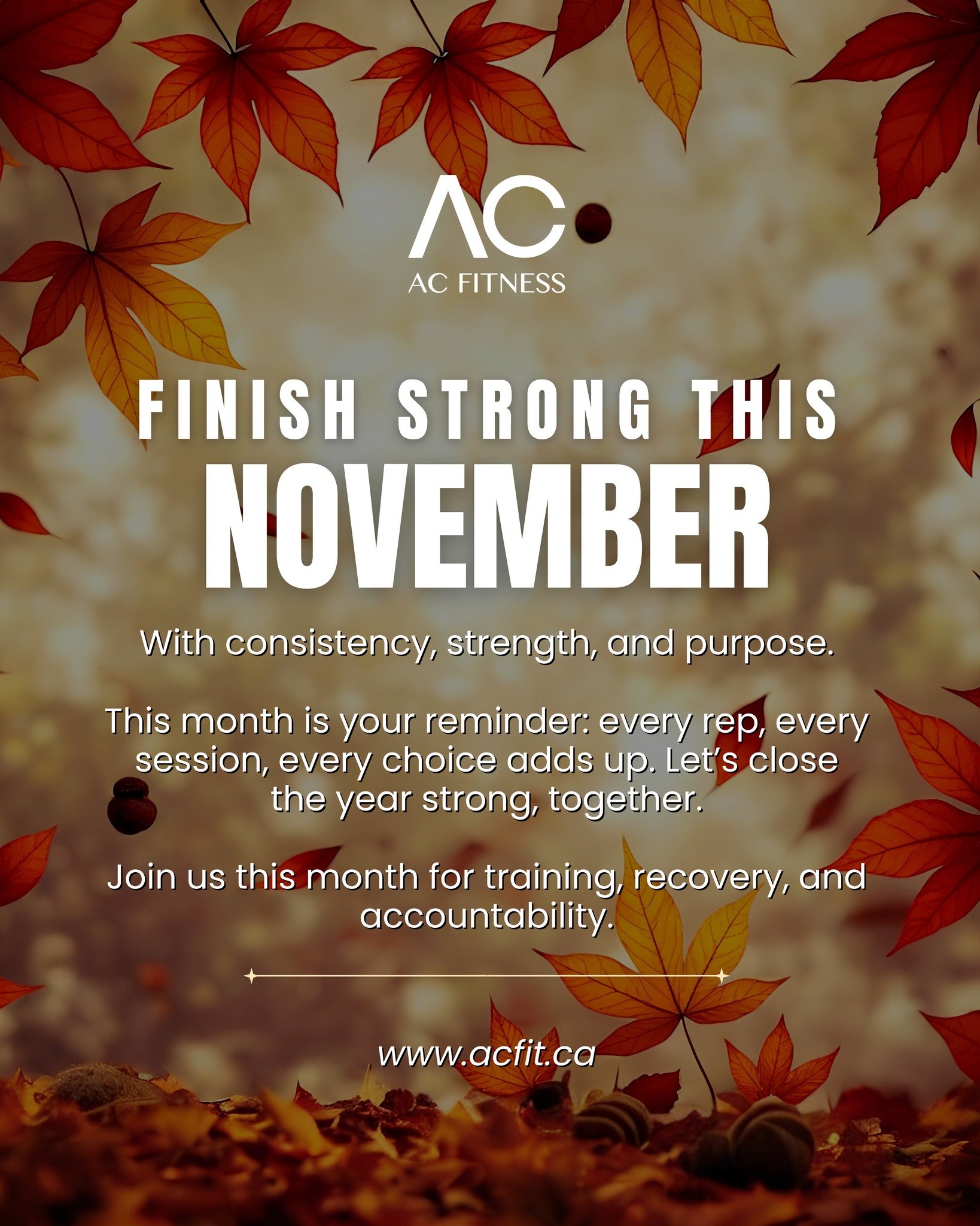 Finish Strong This November

As the year winds down, it&rsquo;s time to recommit to your goals, with strength, focus, and purpose.
Every session counts. Every small step adds up. Let&rsquo;s close 2025 stronger than we started.

Join us this month fo