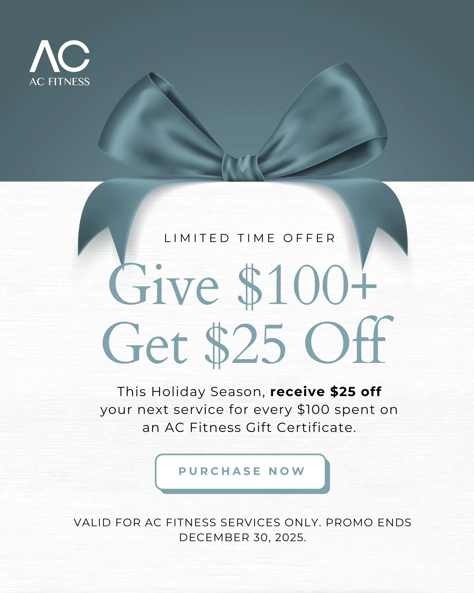 Give the gift of health this holiday season, and get rewarded for it.

AC Fitness Gift Certificates are now available, and for every $100 you purchase, you&rsquo;ll receive $25 off your next service.
Perfect for personal training, drop-ins, or coachi