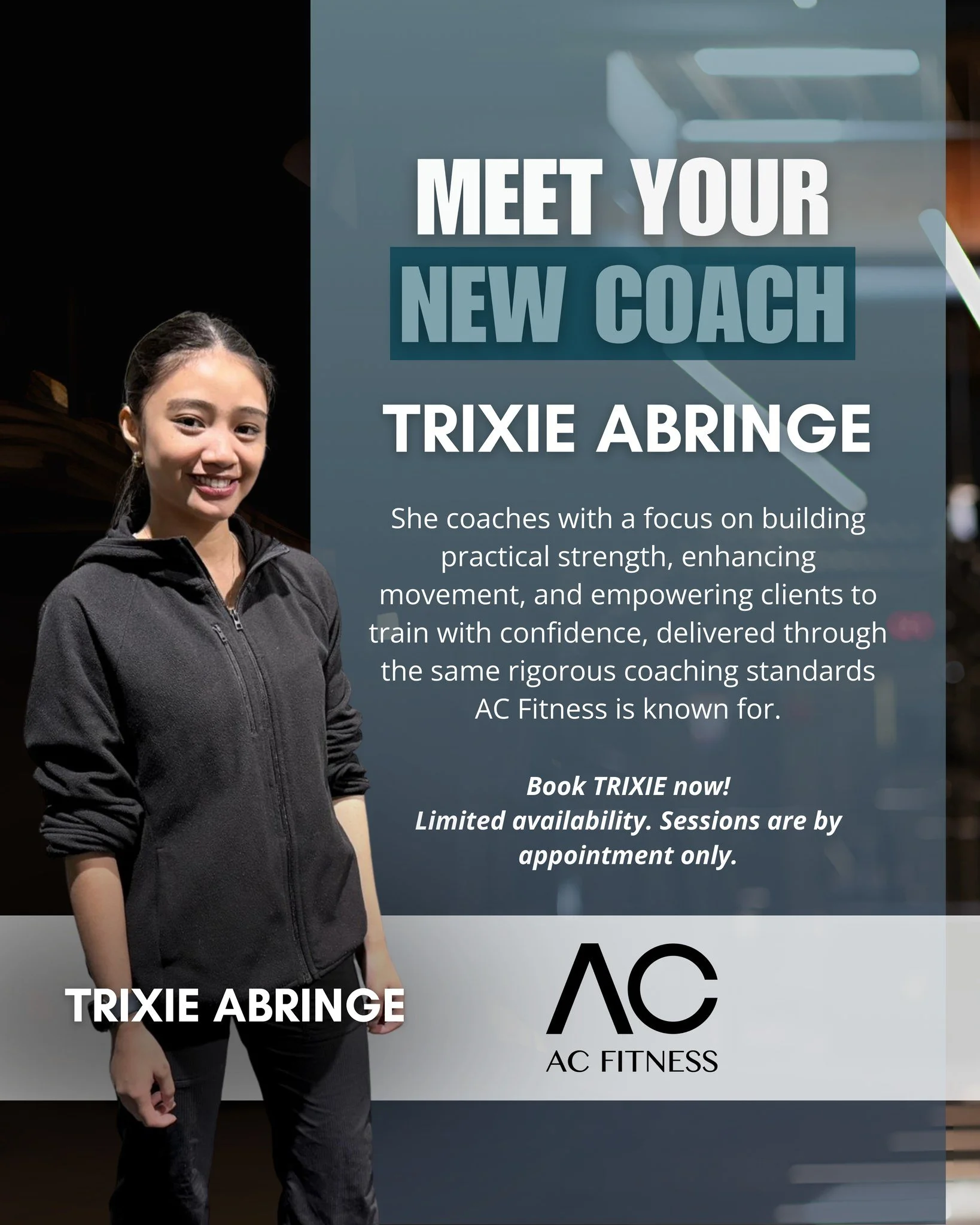 Meet Trixie Abringe, an AC Fitness coach committed to helping clients build functional strength, improve how they move, and develop confidence through purposeful training.

Trixie supports clients who want structured, thoughtful coaching, whether you