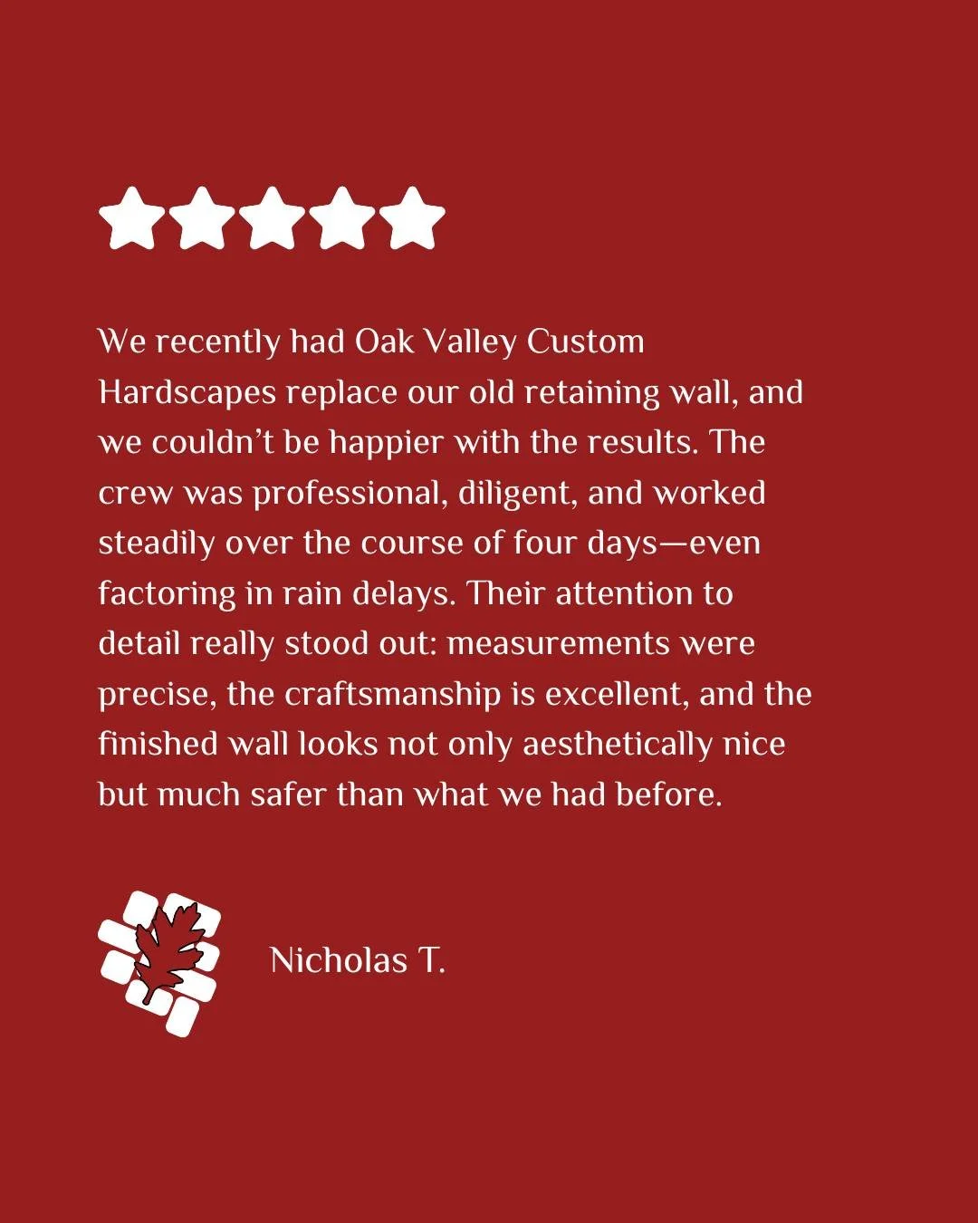 We love hearing from happy clients! This retaining wall project turned into something both beautiful + safe for their home. 

#OakValleyCustomHardscapes #OakValley #PaverPatio #HardscapeDesign #OutdoorLiving #HomeUpgrade #ProjectGallery #Pool #RVA #t