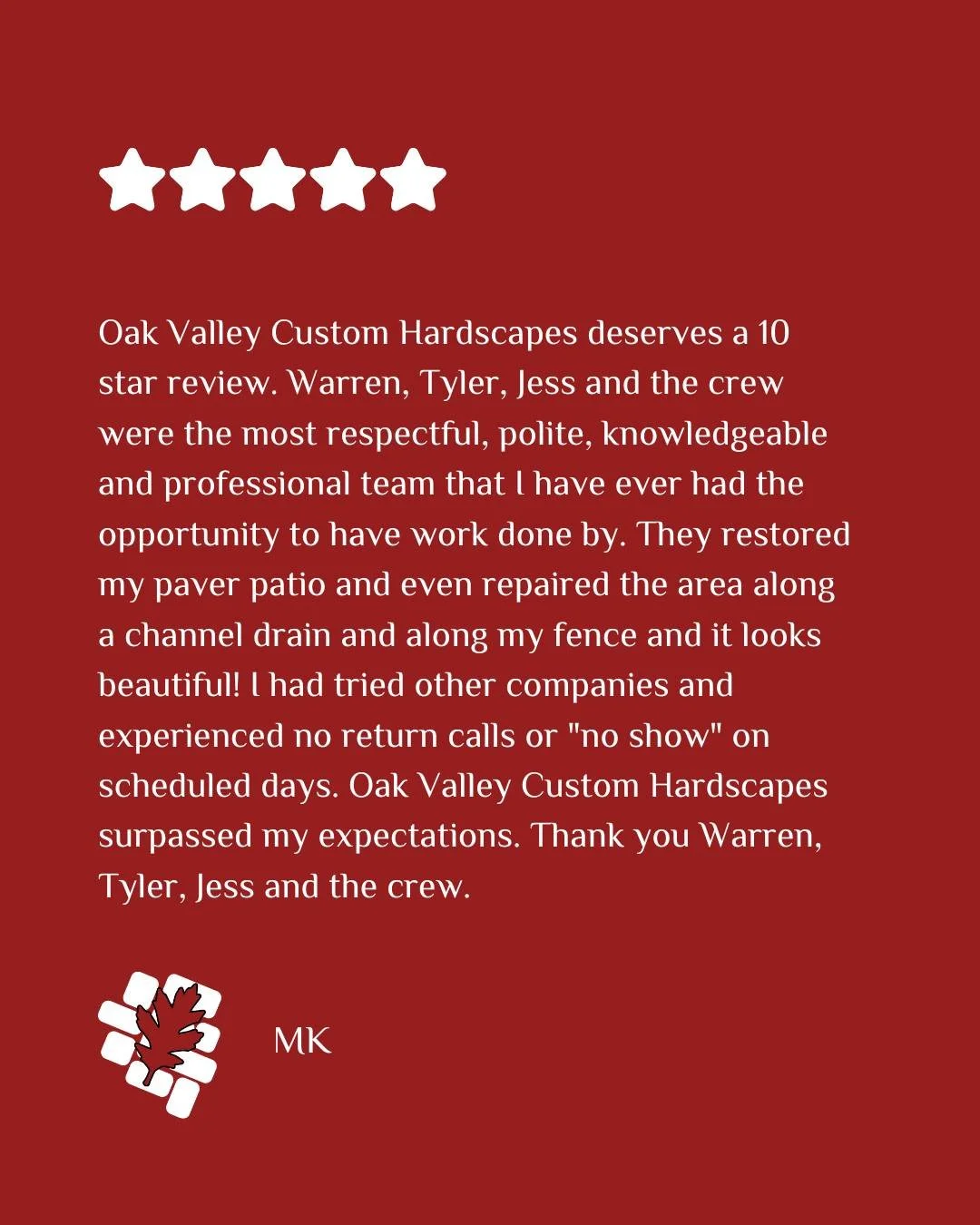 A 10-star review?! We&rsquo;ll take it! We&rsquo;re so grateful for our incredible clients and the kind words about our team. Your feedback means everything.

#OakValleyCustomHardscapes #OakValley #PaverPatio #HardscapeDesign #OutdoorLiving #HomeUpgr
