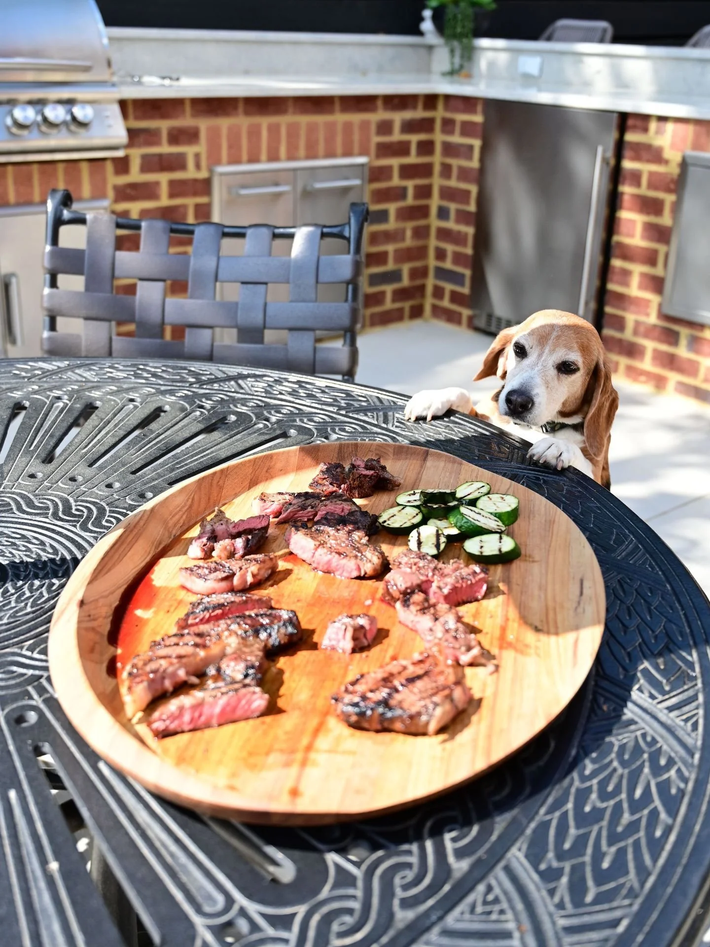 Adding an outdoor kitchen to your backyard space may attract some friendly begging.
