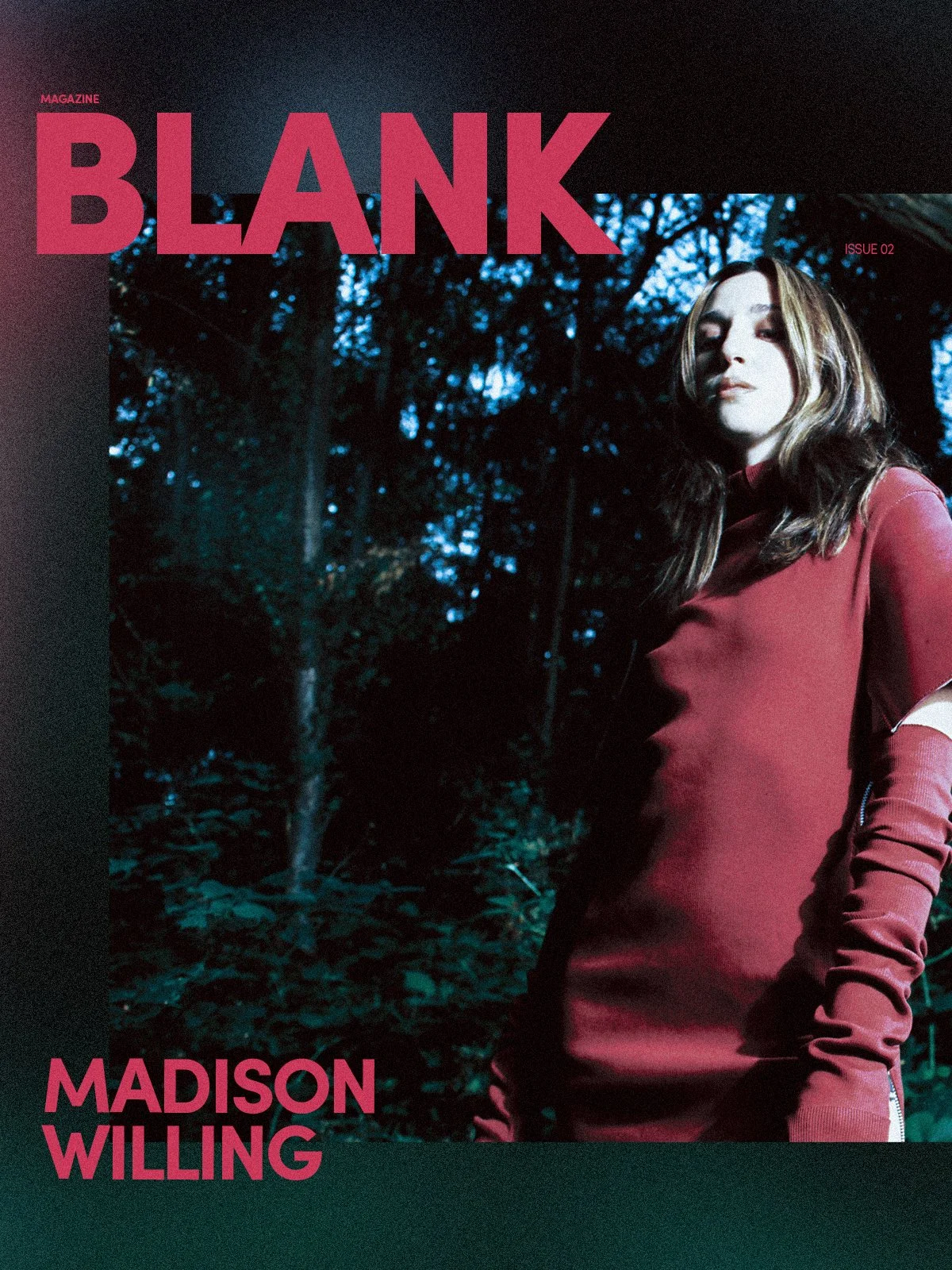 Magazine cover featuring a woman in a red dress standing outdoors in a forest at dusk with dark blue sky in the background and pink and red text reading "BLANK" and "Madison Willing".