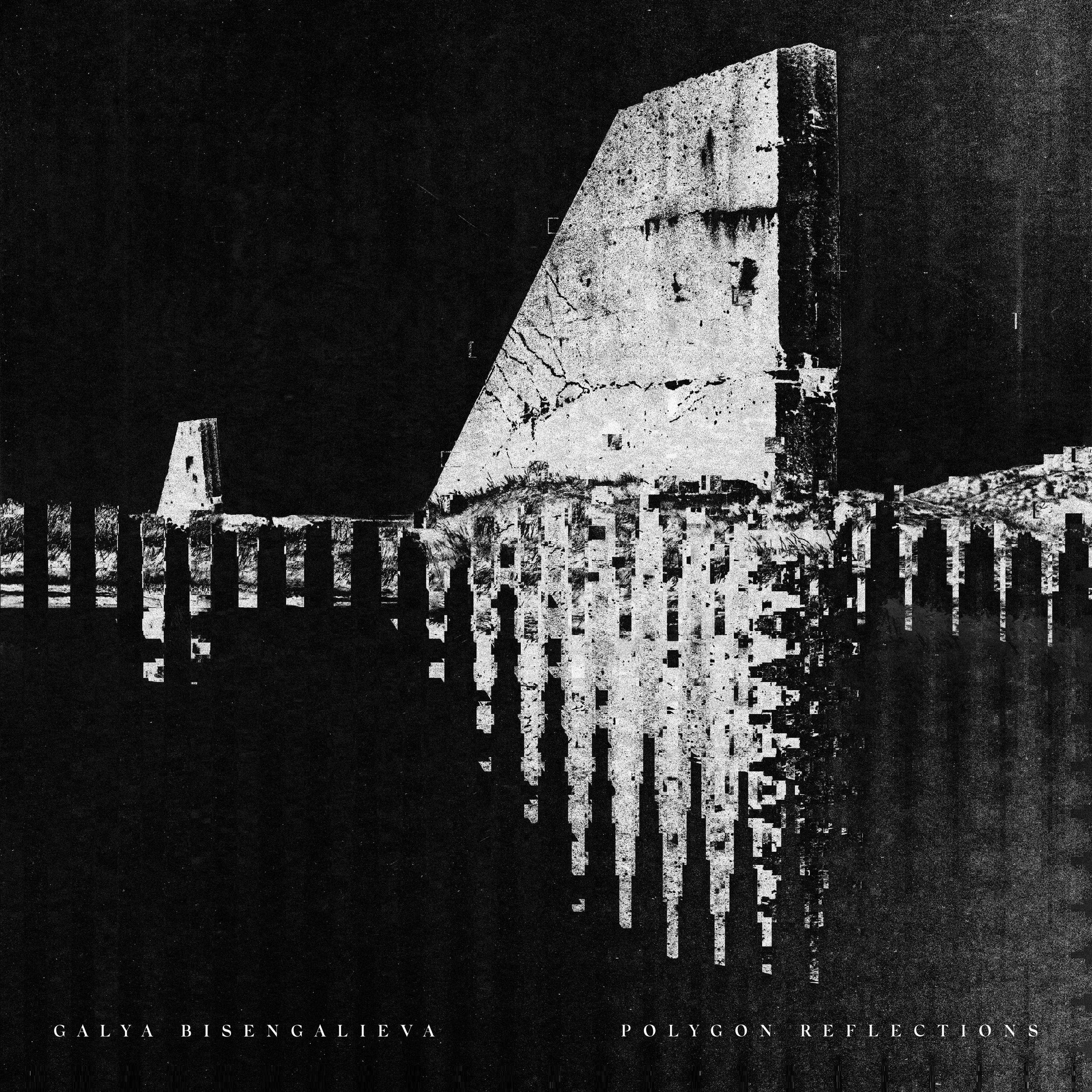 Black and white abstract digital art featuring a large angular structure with visible cracks, reflected in a dark body of water with pixelated distortion. Text at the bottom reads 'Galya Bisengalieva Polygon Reflections'.