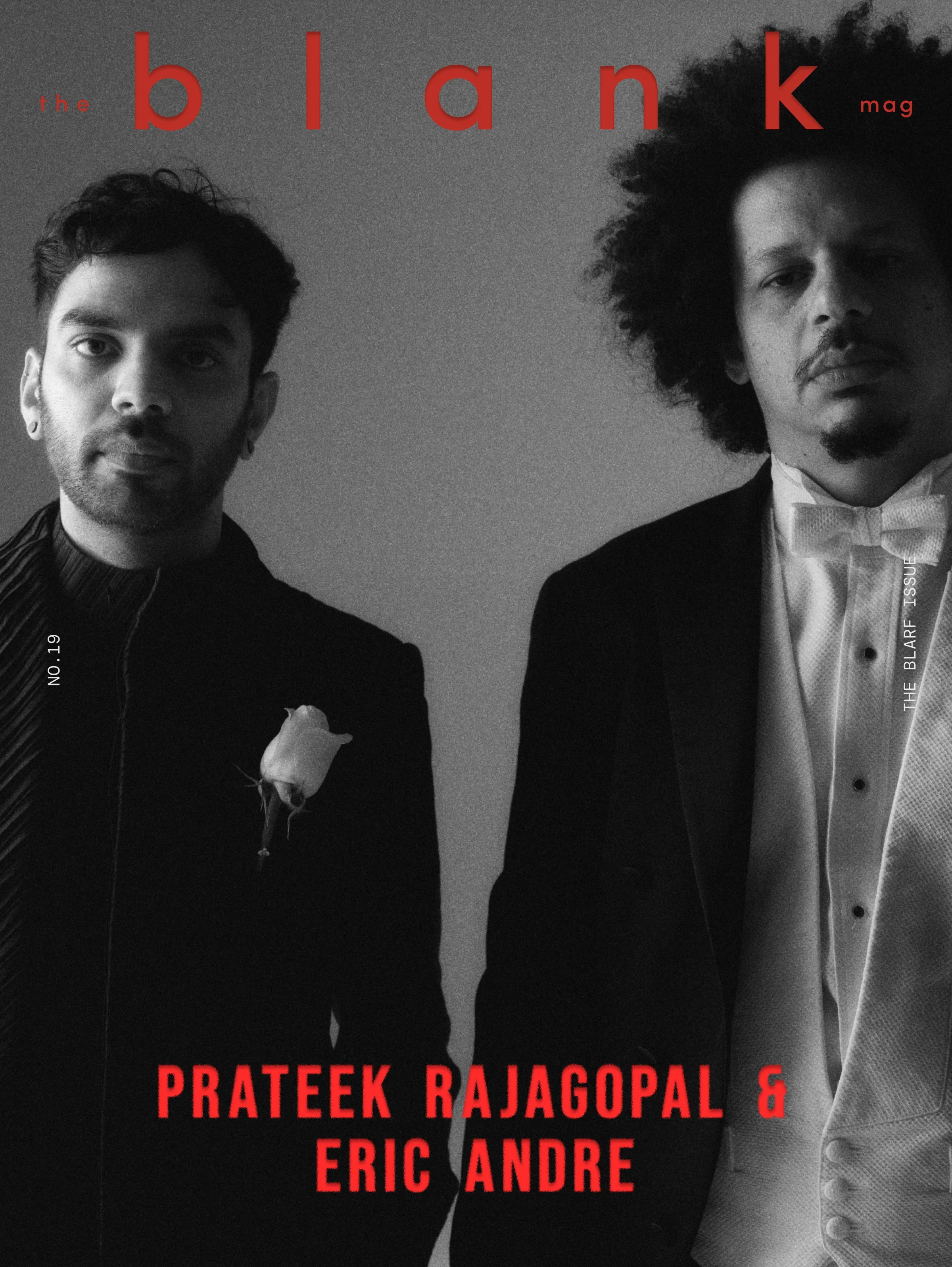 Black and white magazine cover featuring photos of two men in formal attire, with red text displaying the magazine's title and names of the contributors.