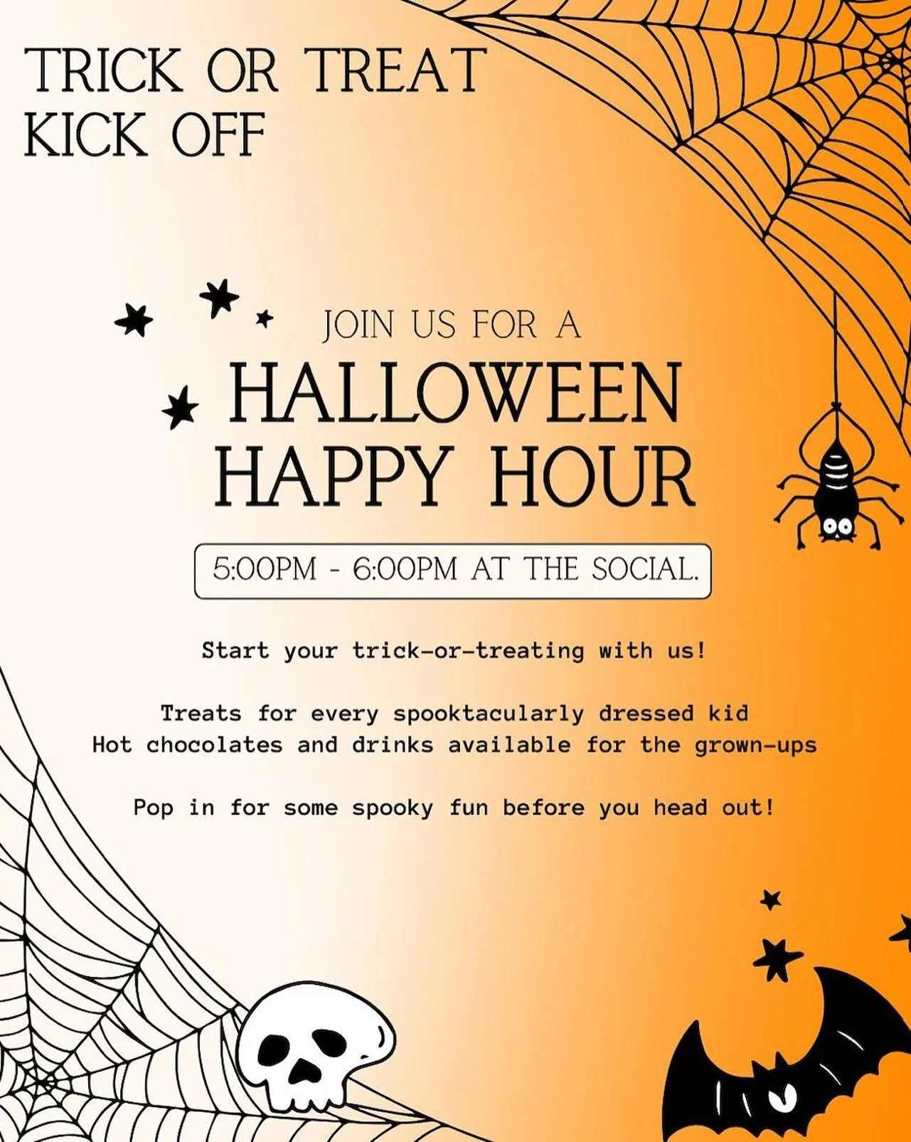 We’re hosting a Trick-or-Treat Happy Hour to kick start the night! 🎃
📆 Friday 31st October 
⏰ 5:00pm-6:00pm 
📍The Social. 
What to expect? 
- Treats for all the spooktacularly dressed kids 👻
- Hot chocolates and drinks for the grownups ☕️