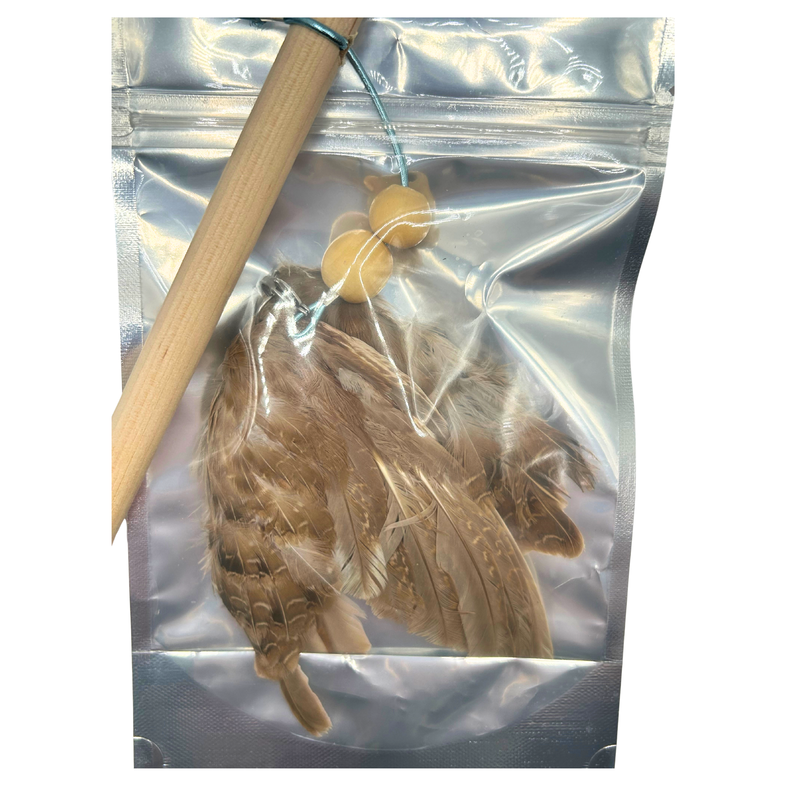Cat wand toy with natural feather attachment in packaging with free shipping