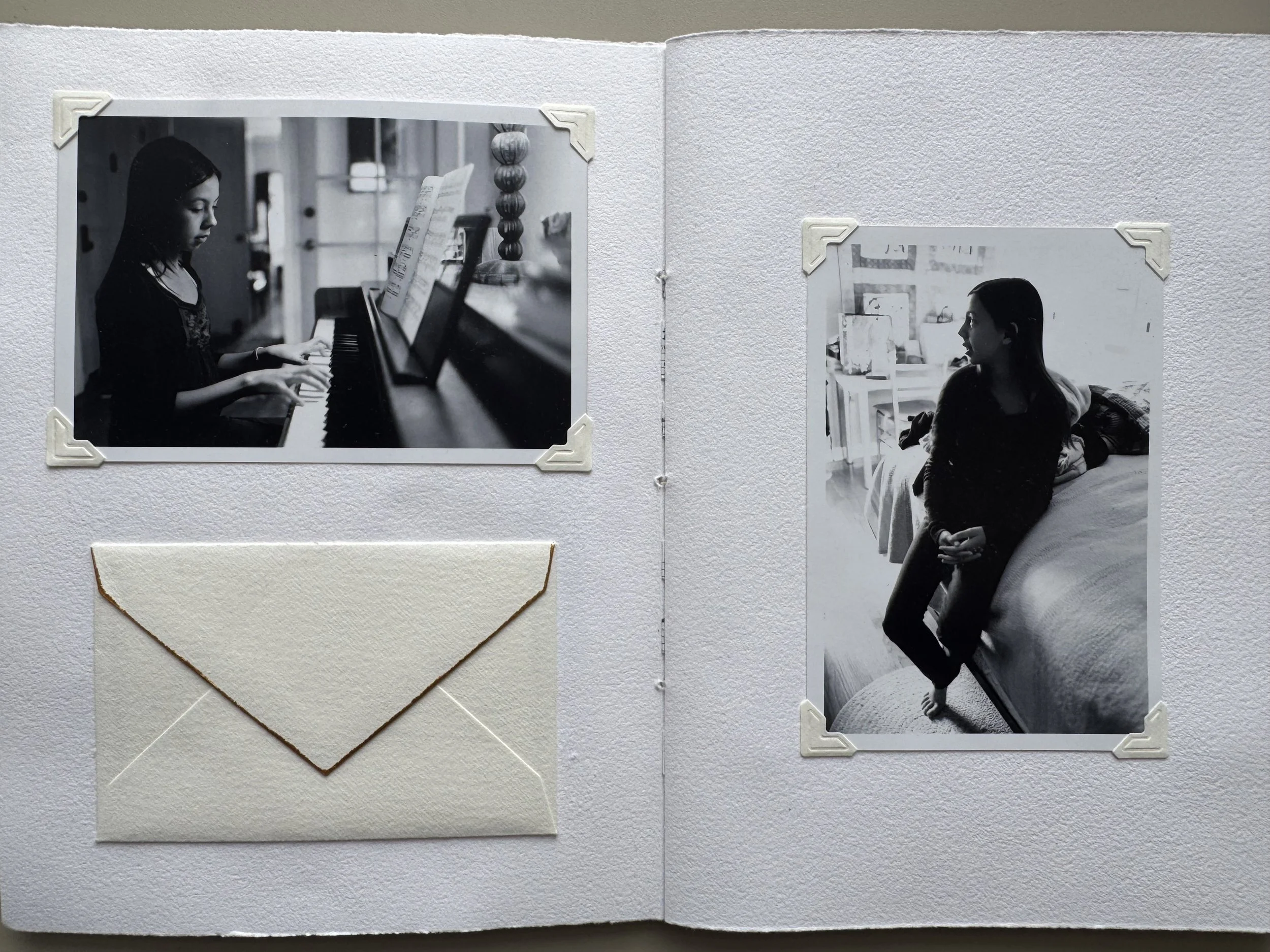 Black and white photos of a young girl: one of her playing the piano, the other of her sitting on a bed.
