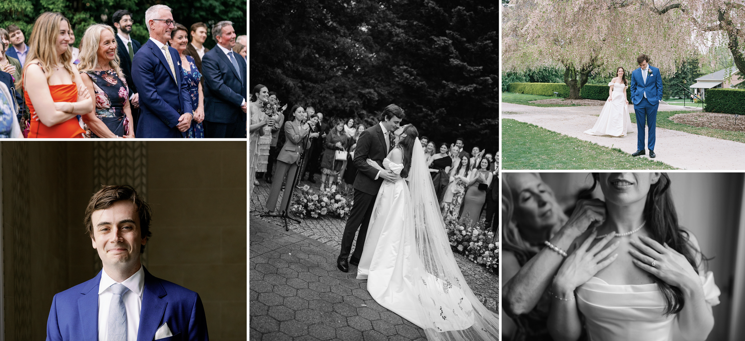 A collage of wedding photos including guests at the ceremony, the bride and groom exchanging vows outdoors, the groom dressed in a blue suit walking with the bride, a portrait of the groom in a blue suit, and a close-up of an older woman pinning a pearl necklace on a woman in a wedding dress.