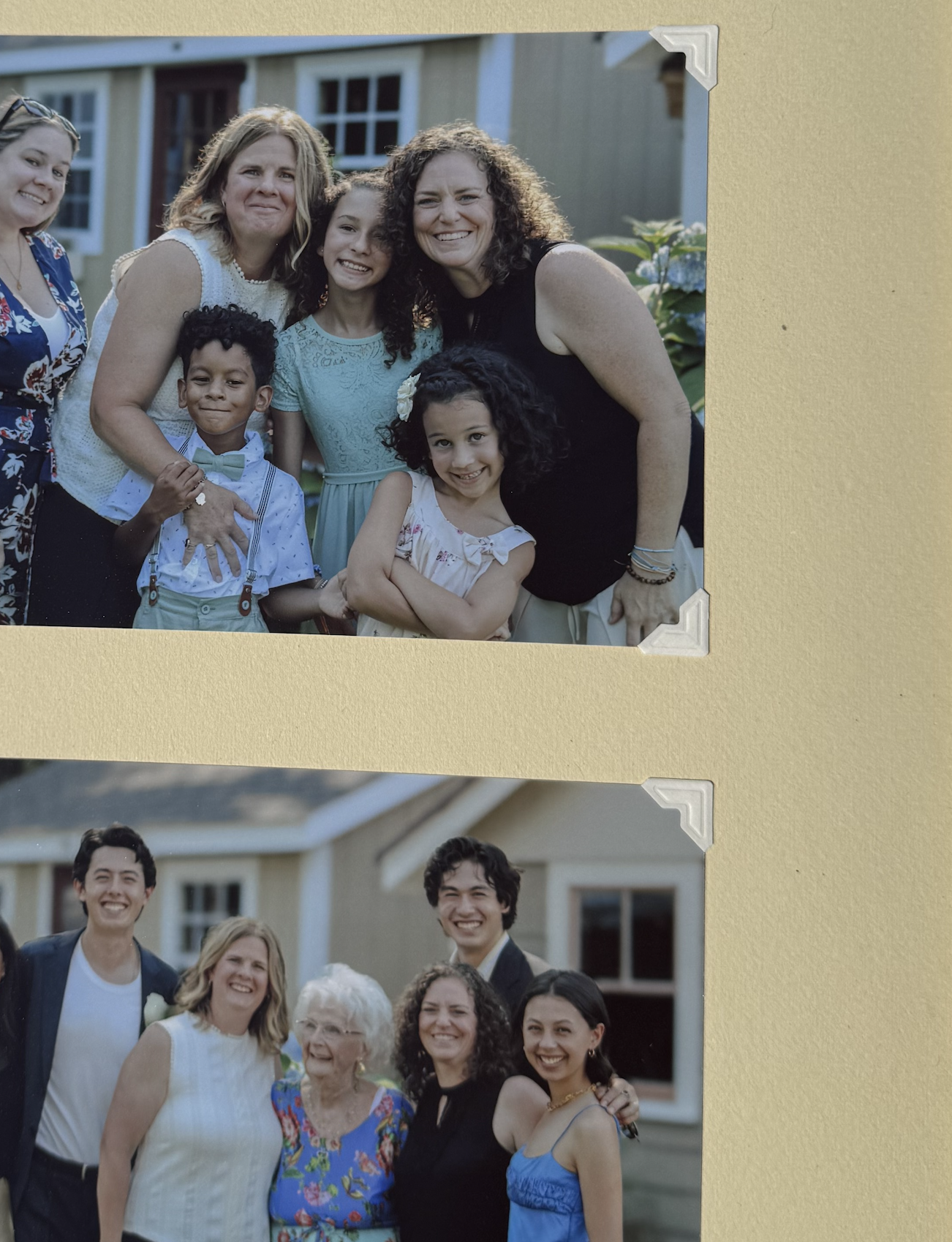 Photos of two groups of smiling people, casually dressed, outdoor setting, likely at a social gathering or celebration.