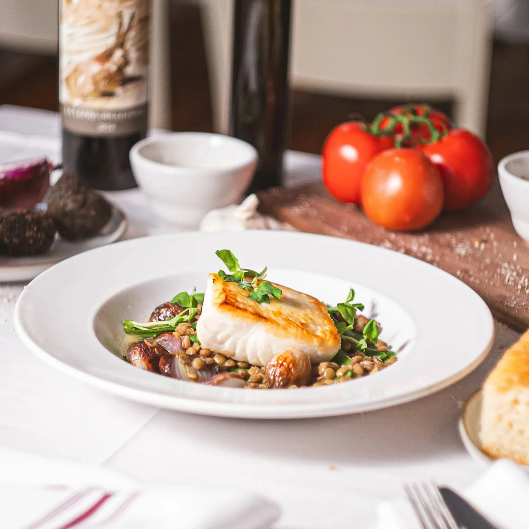Slow roasted halibut, spring mirepoix, altamura lentils