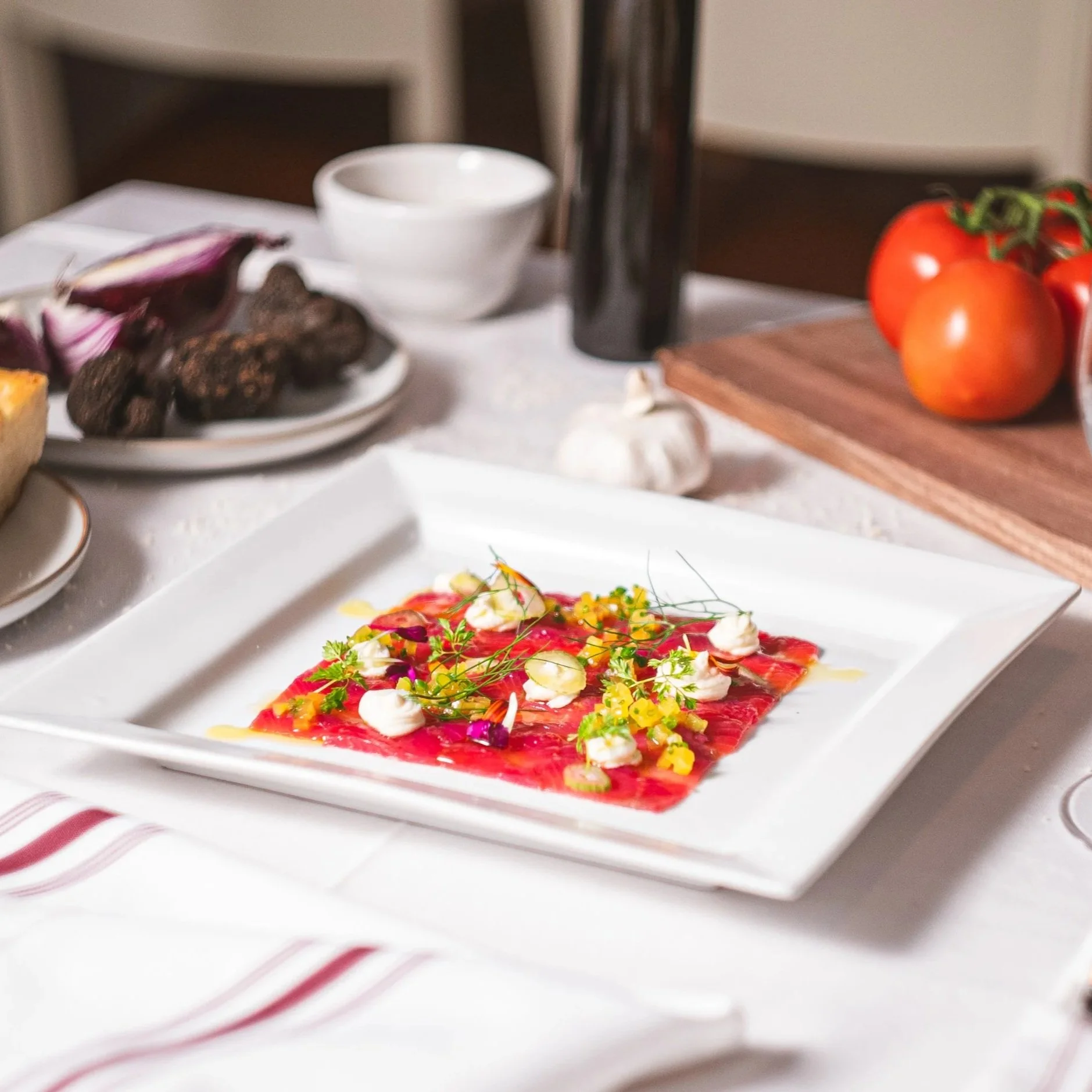 Beetroot cured trout gravlax, gold picked beets, fennel pollen ricotta, shaved fennel