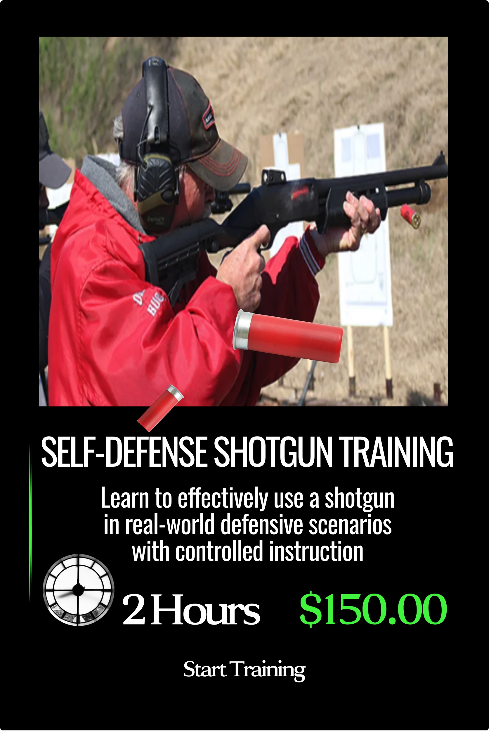 A man in a red jacket and hat aiming a shotgun during self-defense shotgun training, with ammunition and training materials visible.