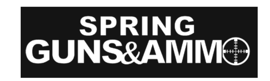 Text reads 'Spring Guns & Ammo' with a crosshair symbol on a black background.