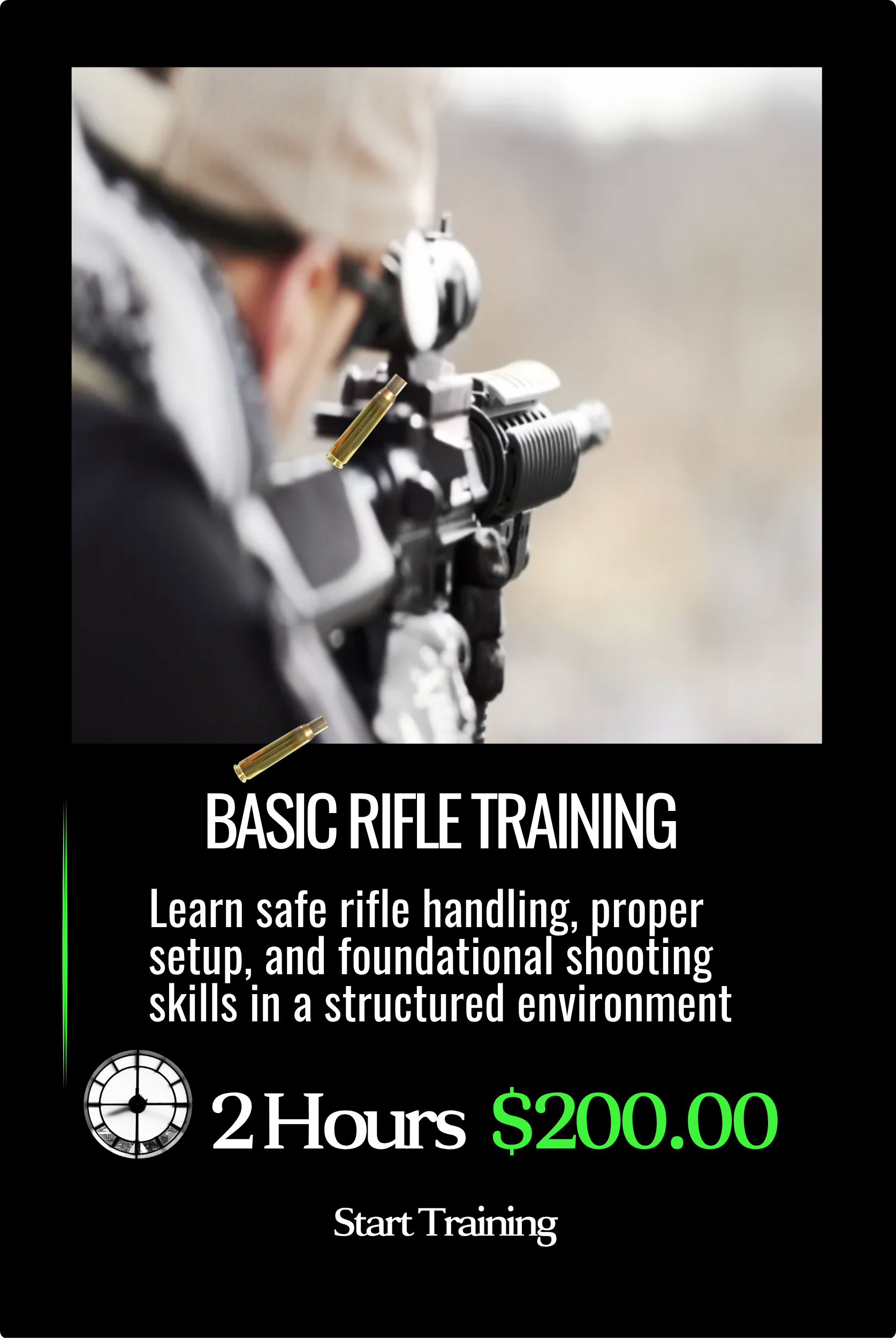 Flyer for basic rifle training course with an image of a person aiming a rifle, bullets, and a target, offering two-hour training for $200.