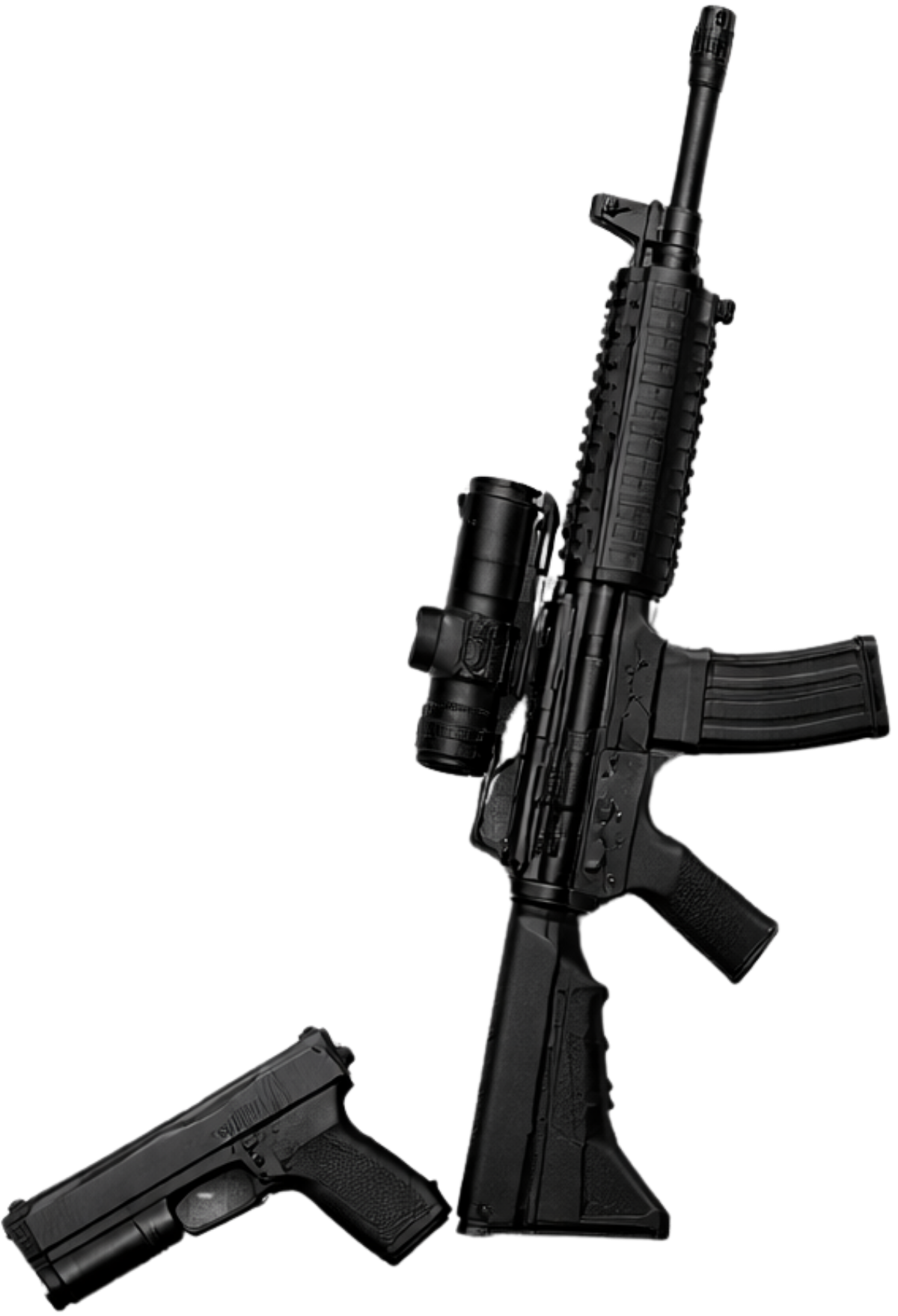 A black rifle with a scope, positioned vertically, and a black handgun placed horizontally underneath it.