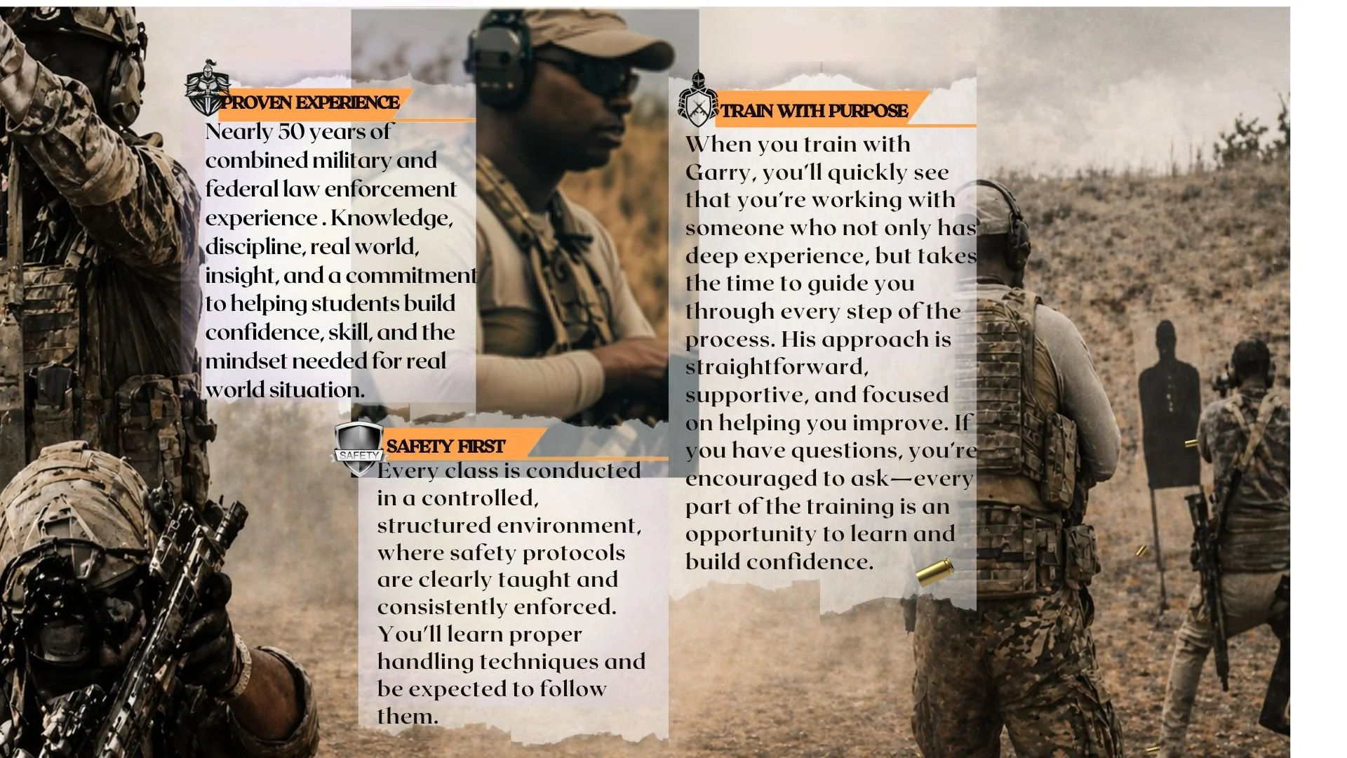 Text overlay on a photograph of soldiers in military gear at a shooting range, with text discussing military and law enforcement experience, training, safety protocols, and confidence building.