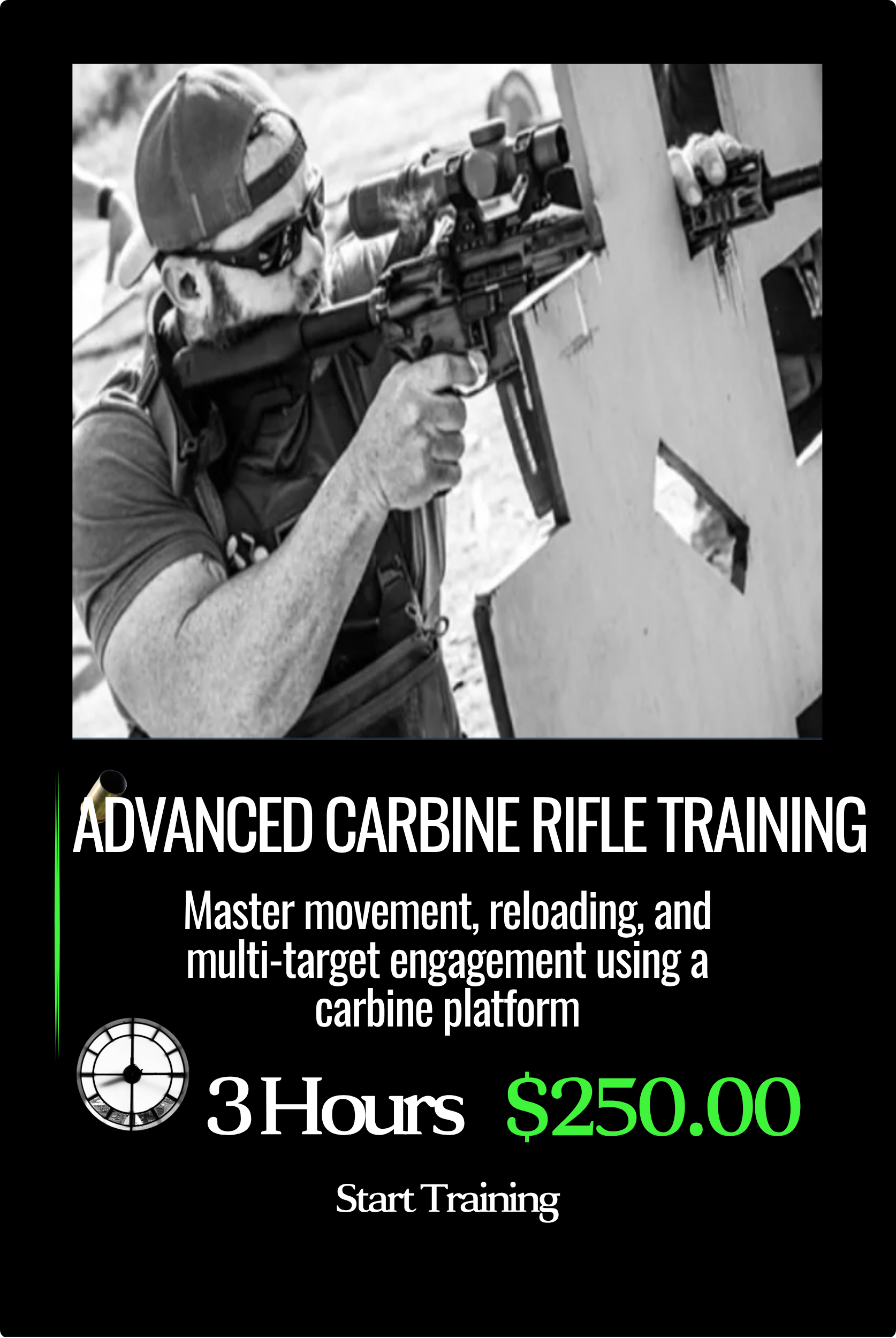 Advertisement for advanced carbine rifle training course featuring a man aiming a rifle at a shooting target, with details about the course duration, price, and start option.