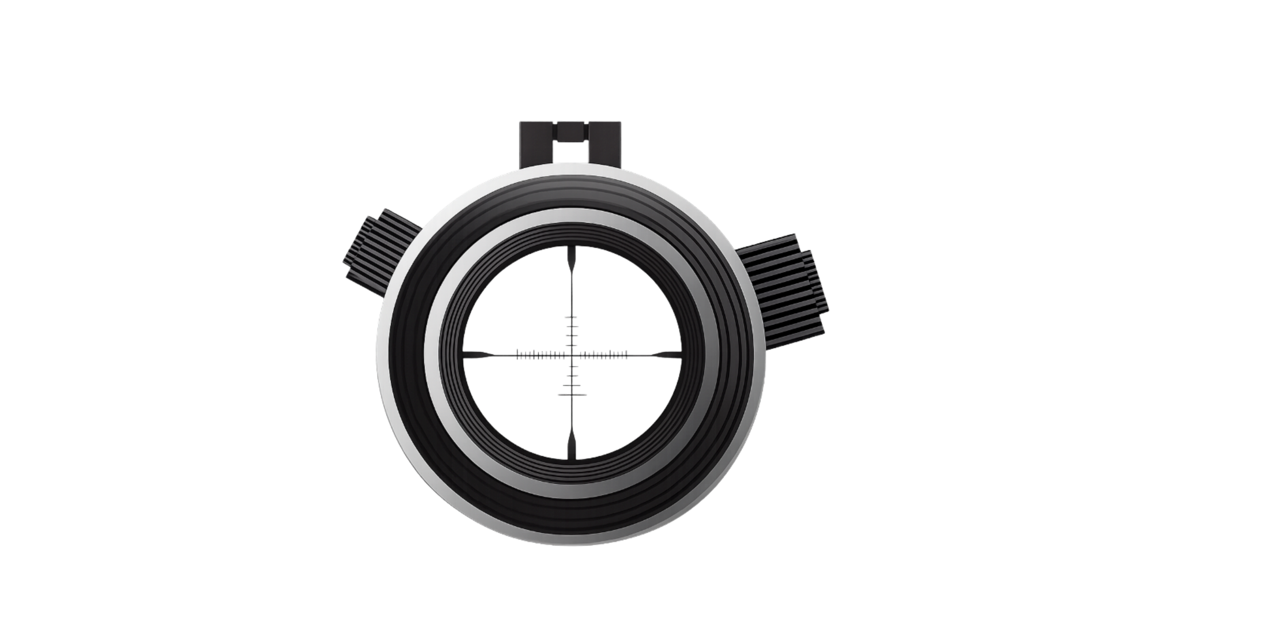 A modern rifle scope viewed from the front, showing the circular lens and crosshairs inside.