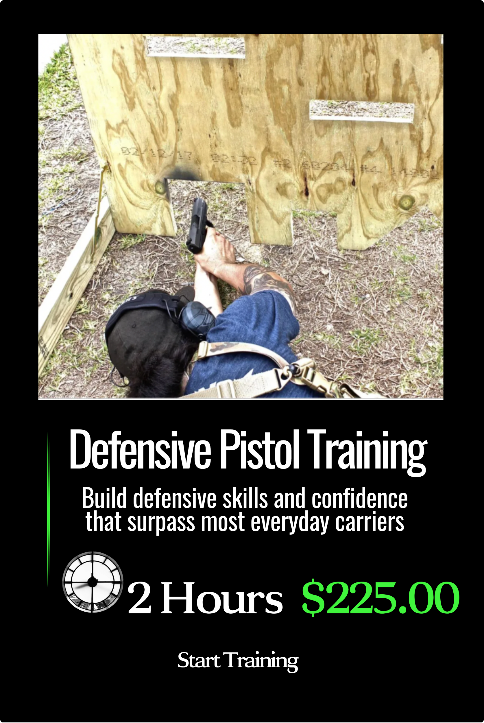 Posters for a defensive pistol training course showing a person aiming at a target, with details about course duration, price, and a 'Start Training' button.