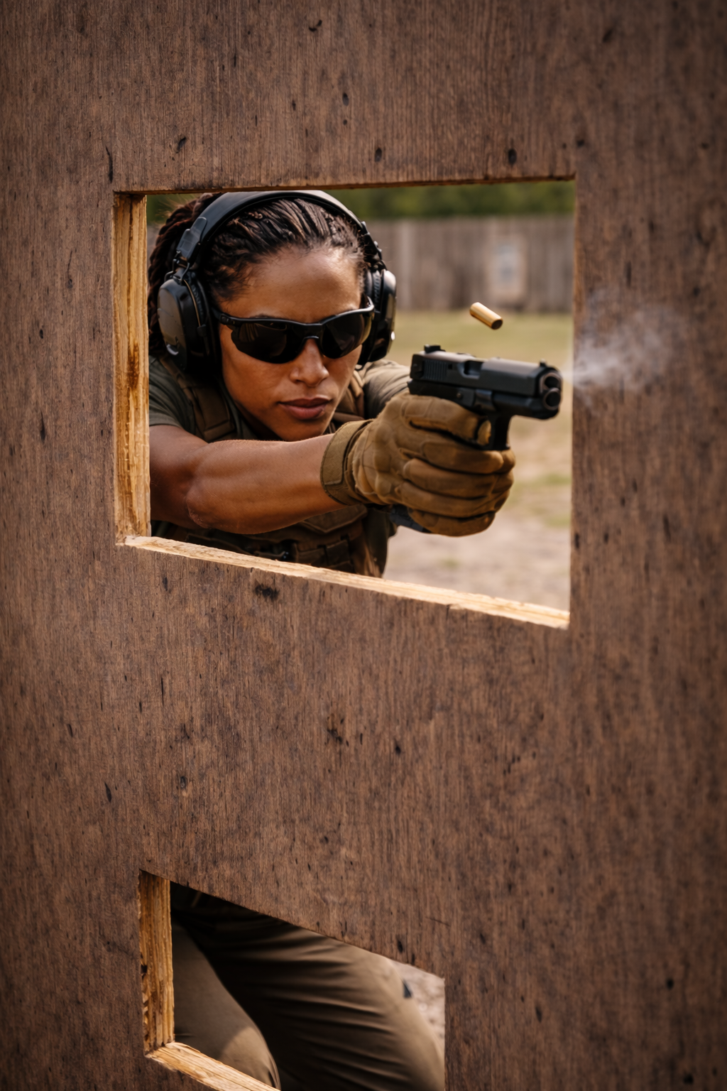 Female shooter in tactical gear firing a handgun through a wooden obstacle in an outdoor training range.