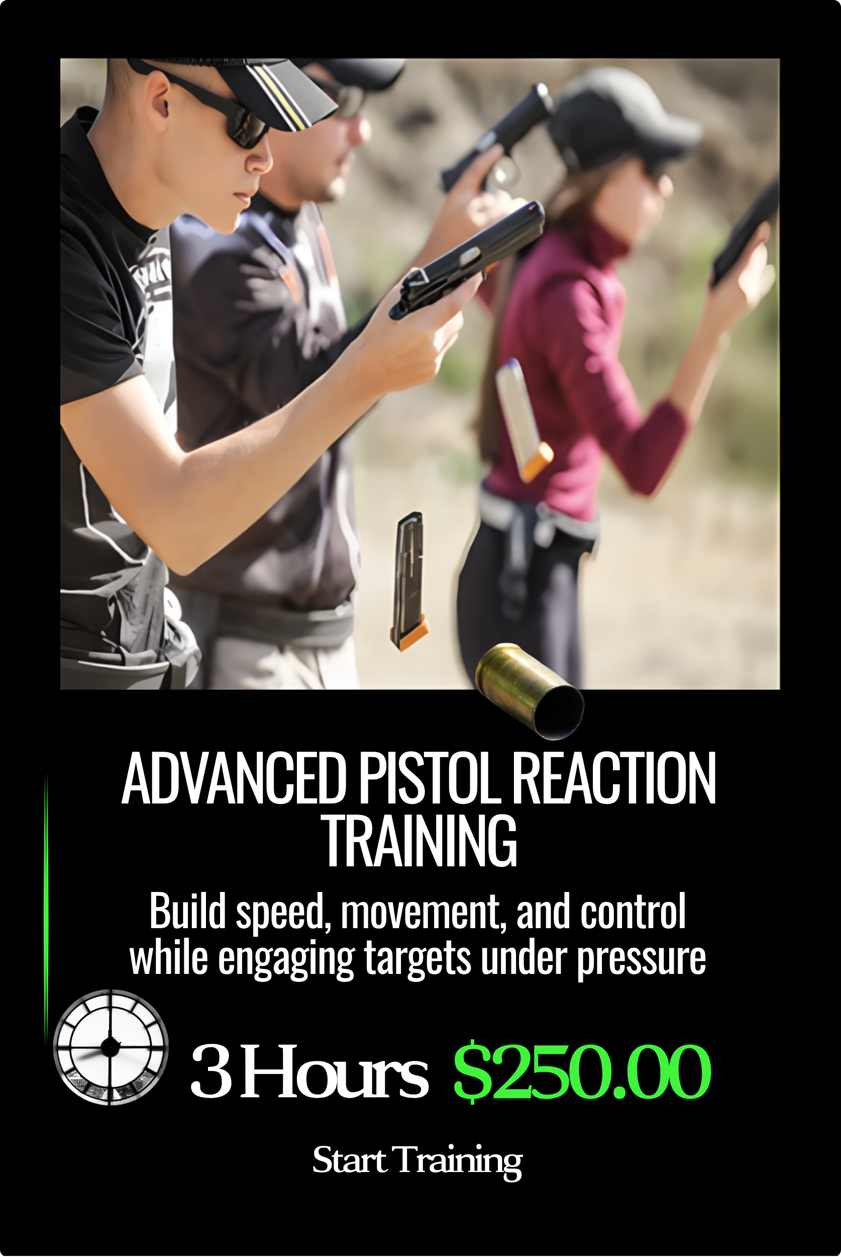 People participating in advanced pistol reaction training outdoors, loading guns with magazines, with a focus on safety equipment.