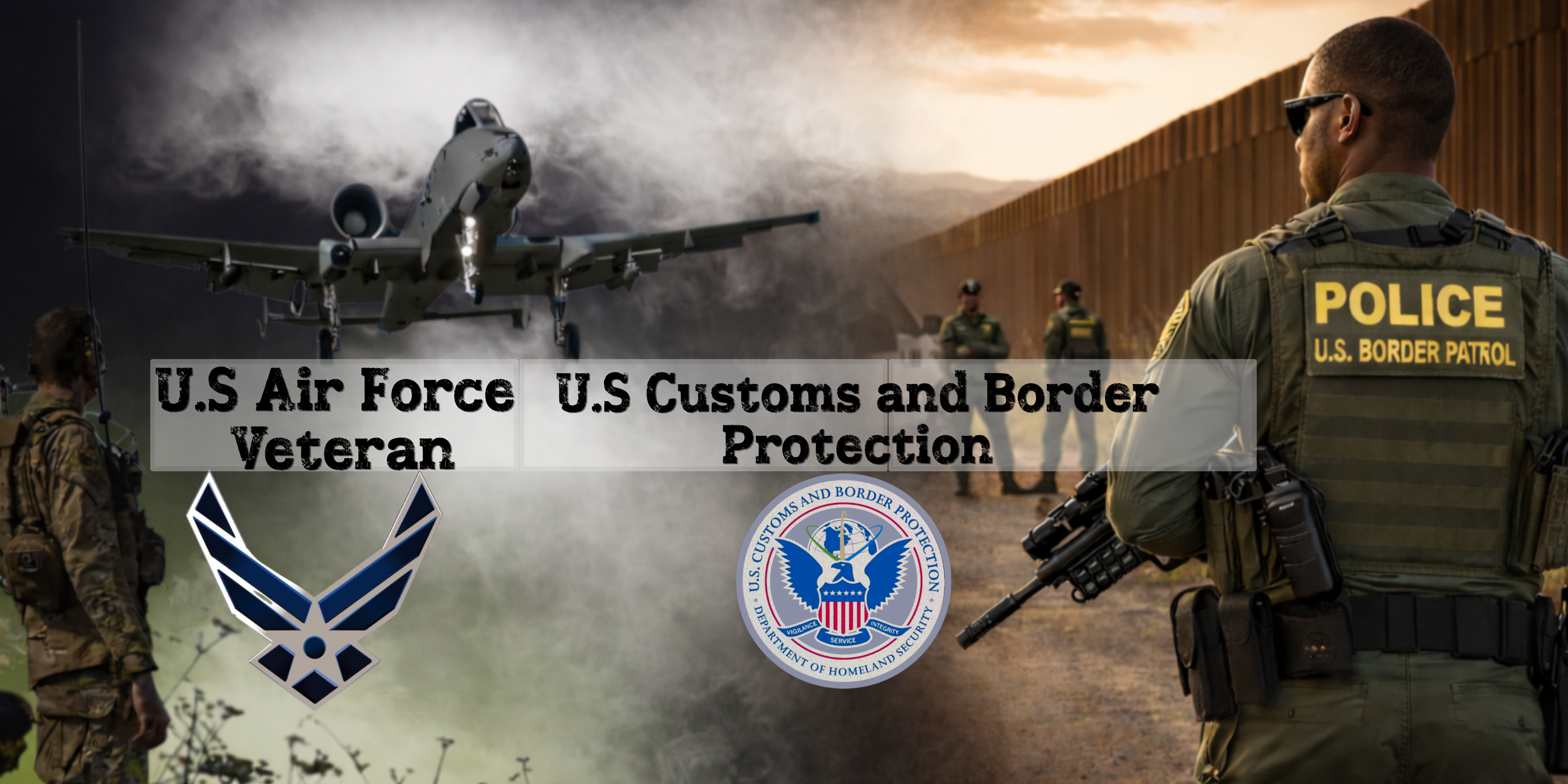 A border patrol officer wearing a tactical vest with a U.S. Border Patrol patch, standing with a gun in hand, facing a fence in a desert landscape at sunset. Several other officers are visible in the background. A military aircraft is approaching from the sky. The image includes logos of the U.S. Air Force and U.S. Customs and Border Protection and text indicating